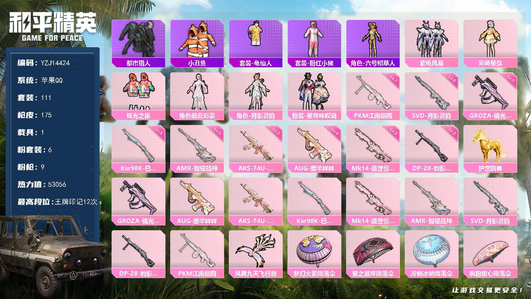 和平精英账号苹果QQYZJ14424-可二次-苹果Q-1稀有1载具6粉装9特效枪8热门【身法号 都市 呆萌 烟云彩露 星