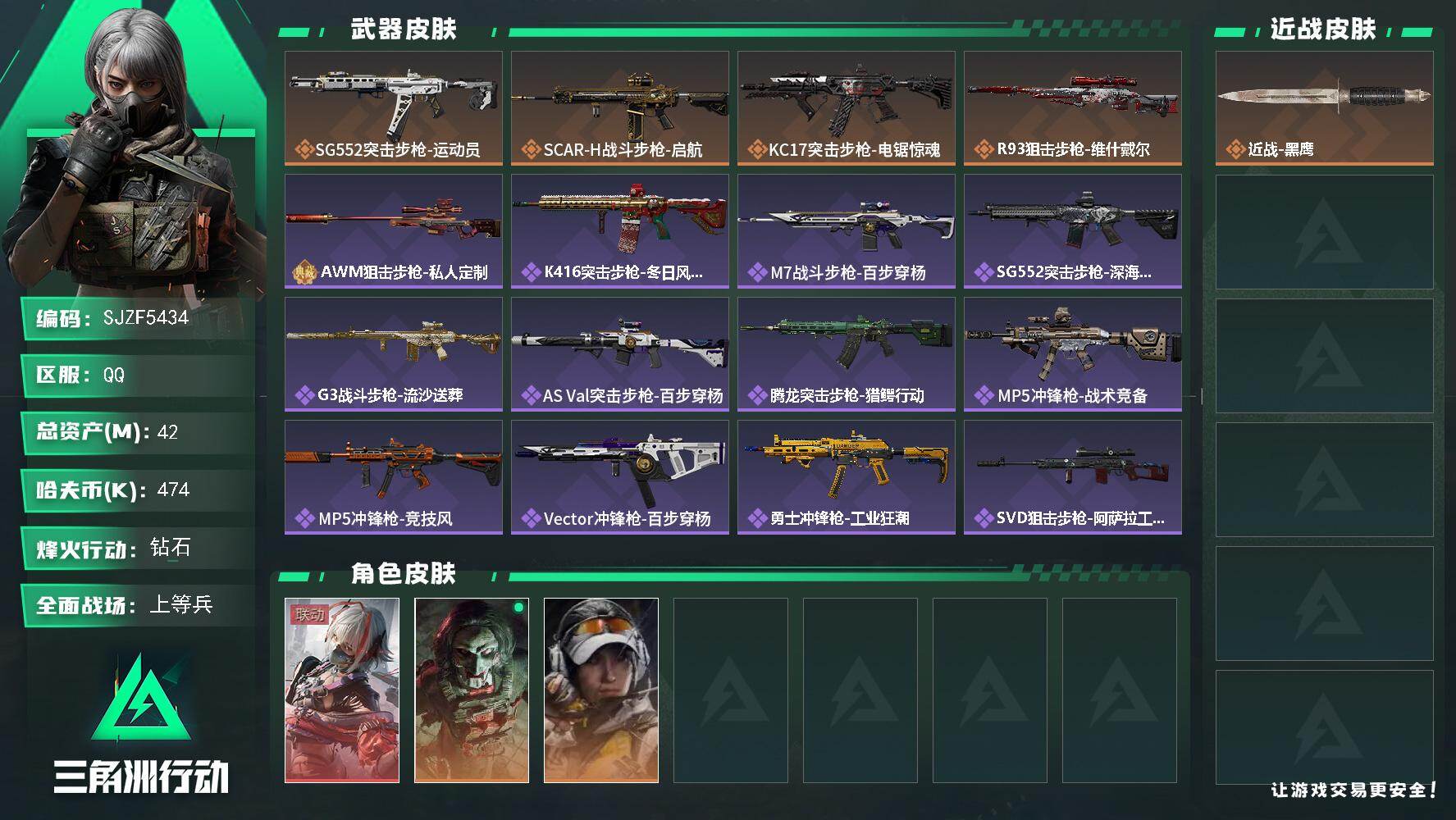 三角洲行动账号QQ【SJZF5434】总资产(M)：42M/哈夫币(K)：474K/哈夫币(K)：474K/传说枪皮数