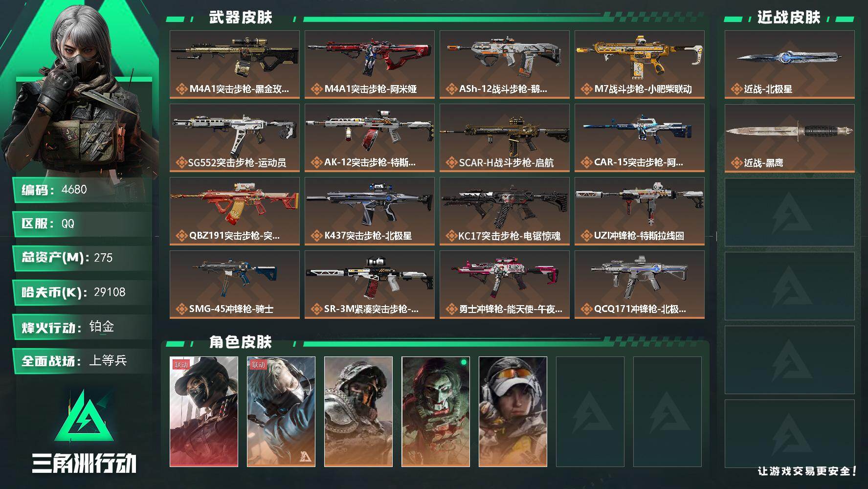 三角洲行动账号QQ总资产(M)：275M/哈夫币(K)：29108K/哈夫币(K)：29108K/传说枪皮数：23/全