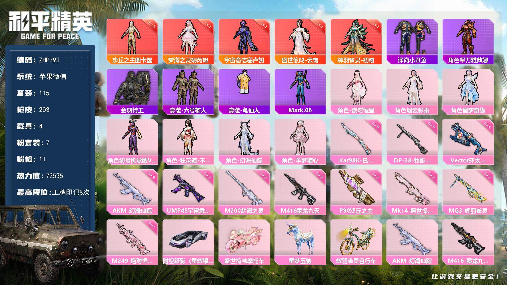 和平精英账号苹果微信永久限制不影响游戏介意勿拍！游戏不诚信充值处罚！（充值328可恢复正常）苹果 微信-5神装-7粉装-11特效枪-4载具-9粉色飞行器-72535热力值-8王牌印记-115套装-203枪皮
【红色神装