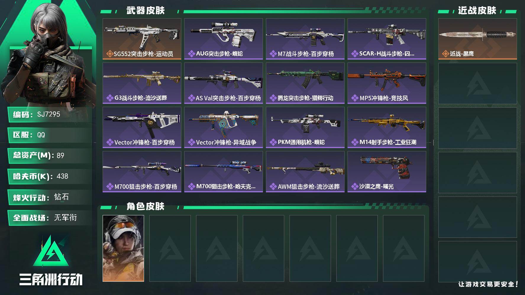 三角洲行动账号QQ【SJ7295】总资产(M)：89M/哈夫币(K)：438K/哈夫币(K)：438K/传说枪皮数：1/全面战场等级：1_段位：无段位/烽火地带等级：50_段位：钻石/露娜-金牌射手/近战-黑鹰/SG