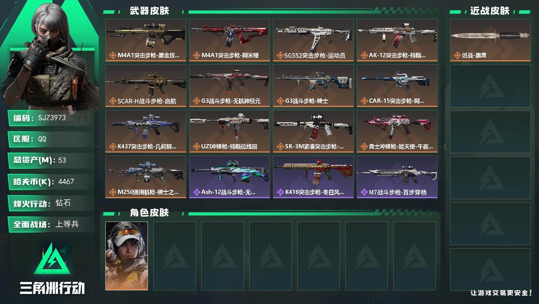 三角洲行动账号QQ【SJZ3973】总资产(M)：53M/哈夫币(K)：4467K/哈夫币(K)：4467K/传说枪皮数：13/全面战场等级：38_段位：上等兵/烽火地带等级：60_段位：钻石/露娜-金牌射手/近战-