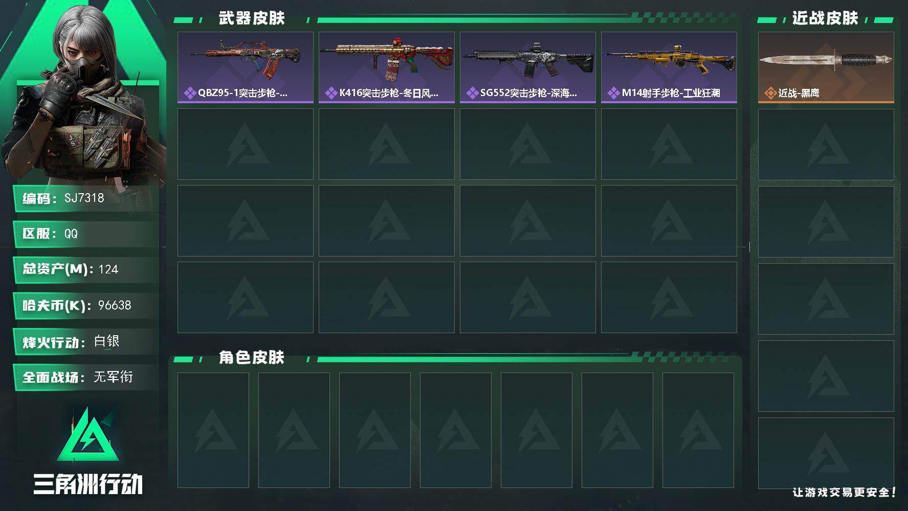 三角洲行动账号QQ【SJ7318】总资产(M)：124M/哈夫币(K)：96638K/哈夫币(K)：96638K/全面战场等级：5_段位：无段位/烽火地带等级：45_段位：白银/近战-黑鹰/QBZ95-1突击步枪-曙