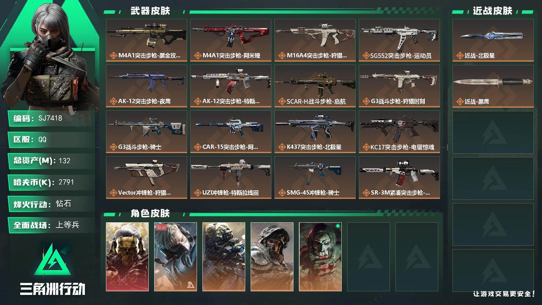 三角洲行动账号QQ【SJ7418】总资产(M)：132M/哈夫币(K)：2791K/哈夫币(K)：2791K/传说枪皮