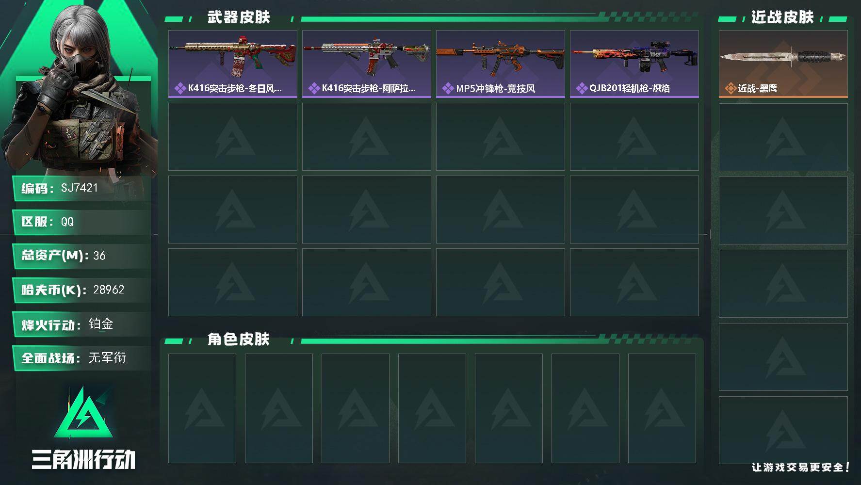 三角洲行动账号QQ【SJ7421】总资产(M)：36M/哈夫币(K)：28962K/哈夫币(K)：28962K/全面战场等级：1_段位：无段位/烽火地带等级：47_段位：铂金/近战-黑鹰/K416突击步枪-冬日风情/
