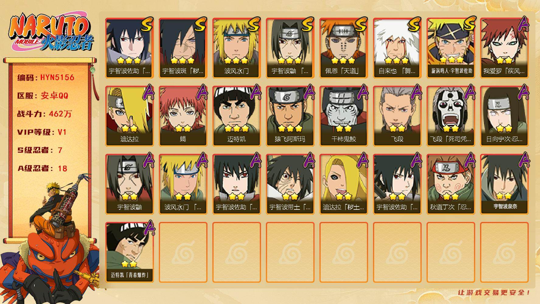 火影忍者账号安卓QQ【HYN5156】V1/战力462W/S忍7/A忍18/通灵兽14/2星日向宁次「忍界大战」/2星我爱罗「疾风传」/2星飞段「死司凭血」/2星宇智波鼬/3星宇智波佐助「永恒万花筒」/2星蝎/3星佩恩