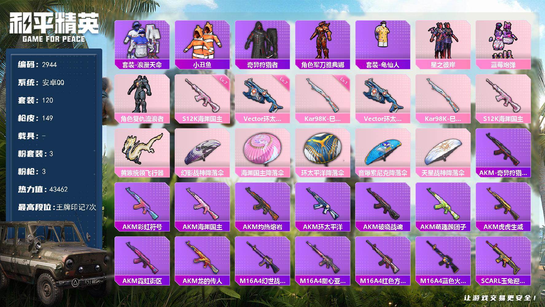 和平精英账号安卓QQ0载具-120套装-149枪皮-120套装/枪械3/装备157/战备114/王牌印记7/热力值434