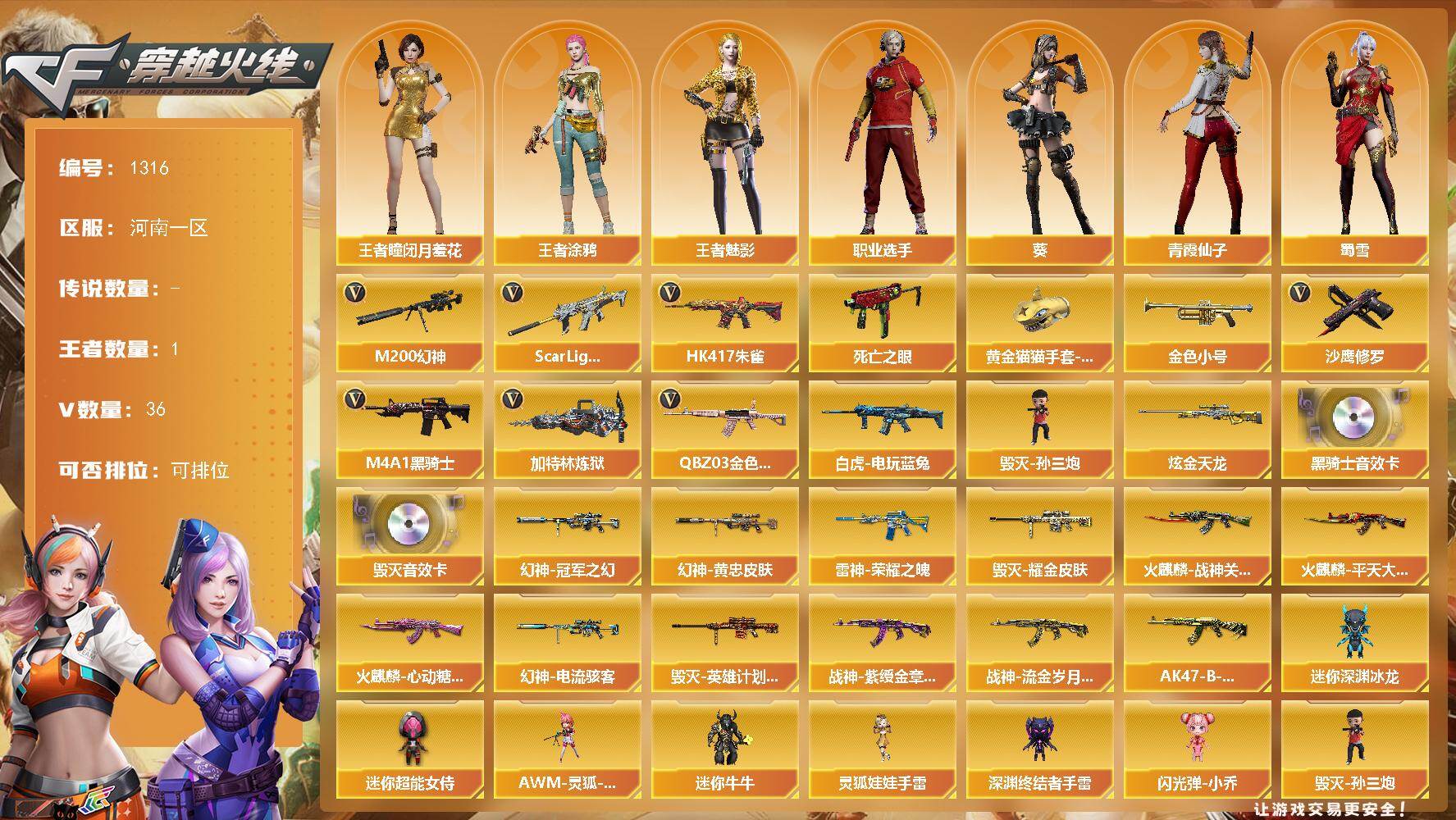 穿越火线账号北部战区河南一区-36V
【热门武器】：QBZ03-金色蔷薇，Scar Light-白虎，HK417-朱雀，