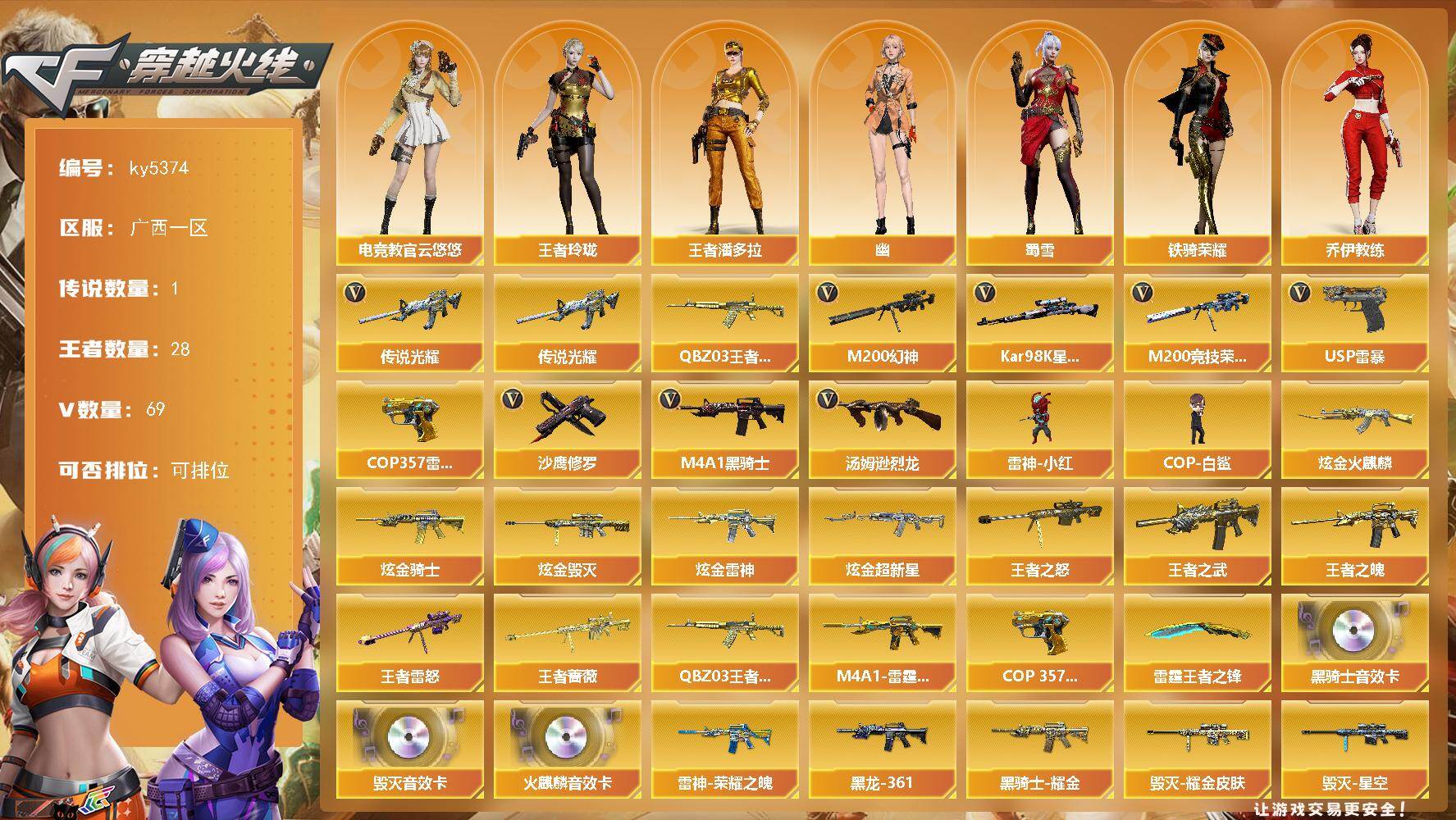 穿越火线账号南部战区广西一区广西一区-84V-28王者武器数-5炫金武器数
【传说武器】：传说光耀
【传说角色】：传说女帝
【热