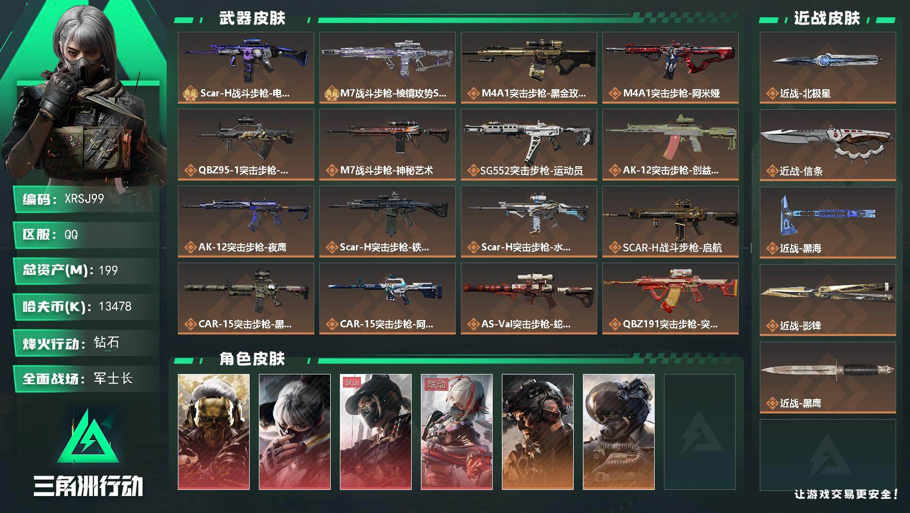 三角洲行动账号QQ【XRSJ99】总资产(M)：199M/哈夫币(K)：13478K/哈夫币(K)：13478K/传说枪皮数：38/全面战场等级：50_段位：军士长/烽火地带等级：60_段位：钻石/红狼-蚀金玫瑰/骇