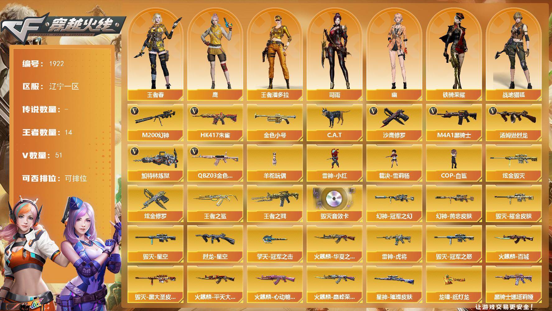 穿越火线账号北部战区辽宁一区[16322011]辽宁一区-58V-14王者武器数-2炫金武器数
【传说角色】：传说星骇
【热门武器】：QBZ03-金色蔷薇，HK417-朱雀，M200-幻神，金色小号，C.A.T，M4A1-黑骑士