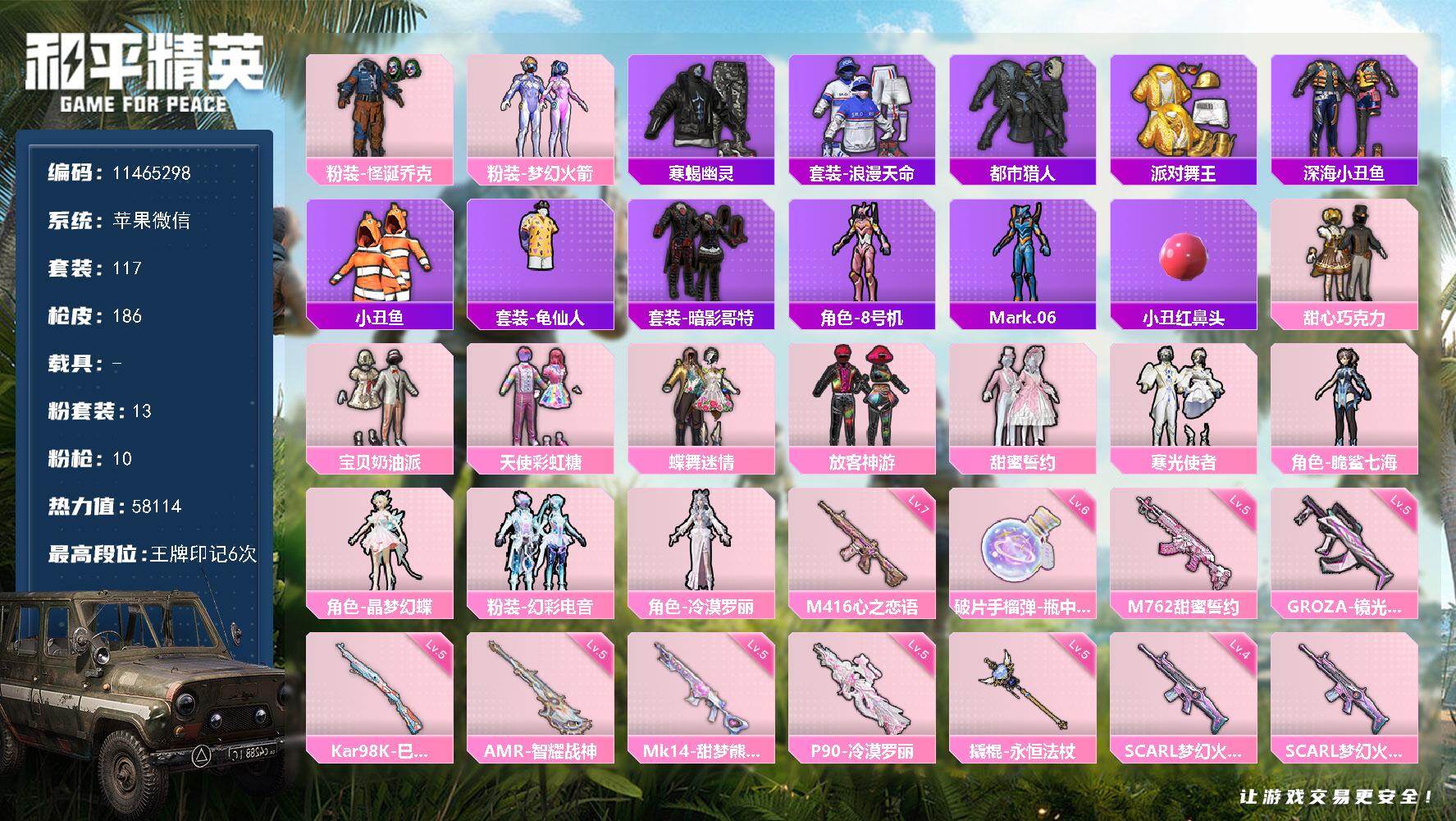 和平精英账号苹果微信YZJ10448-可二次-苹果V-58114热力值 6王牌印记 历史超级王牌14星【身法素材极品对掏