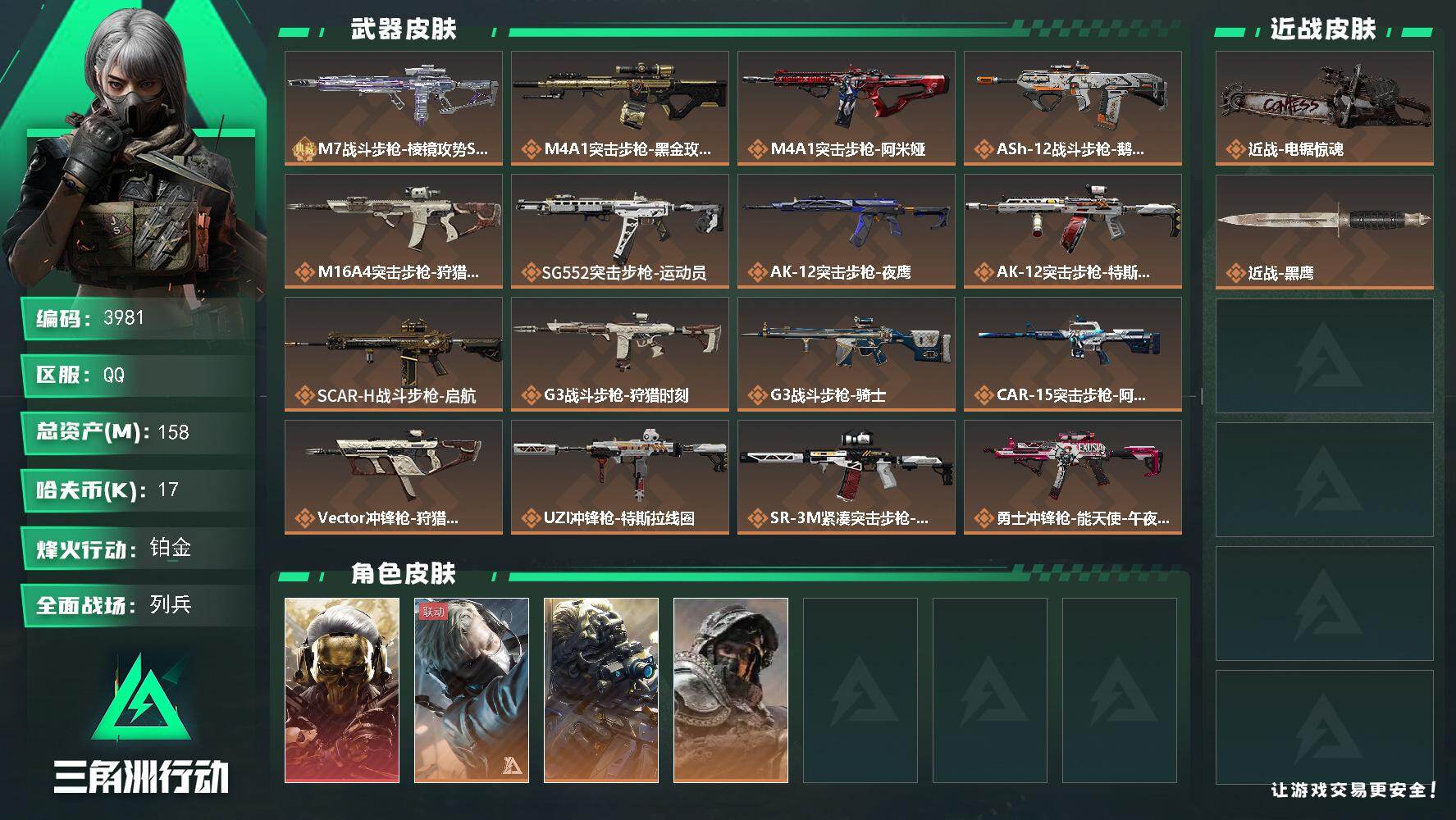 三角洲行动账号QQ总资产(M)：158M/哈夫币(K)：17K/哈夫币(K)：17K/传说枪皮数：24/全面战场等级：