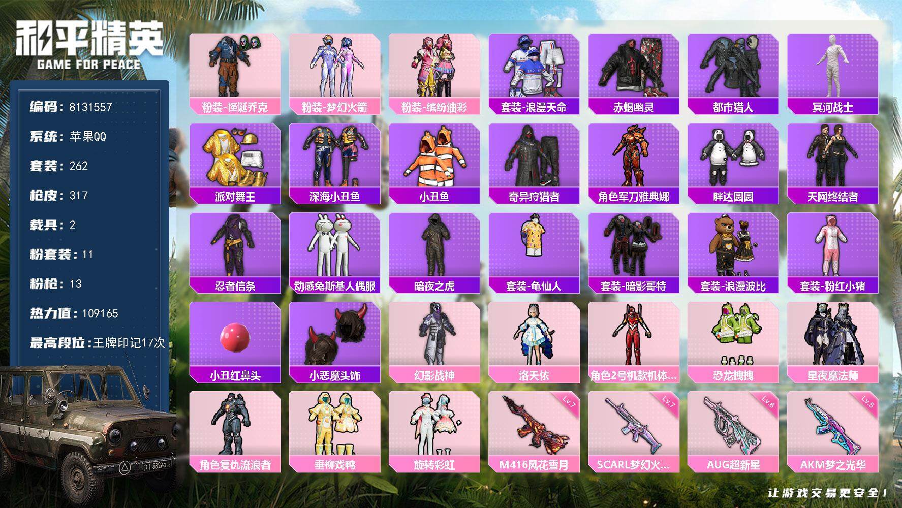 和平精英账号苹果QQ2载具-262套装-317枪皮- YZJ8980 可二次 苹果Q-热力值 钱包不可用【西海岸穿搭 小