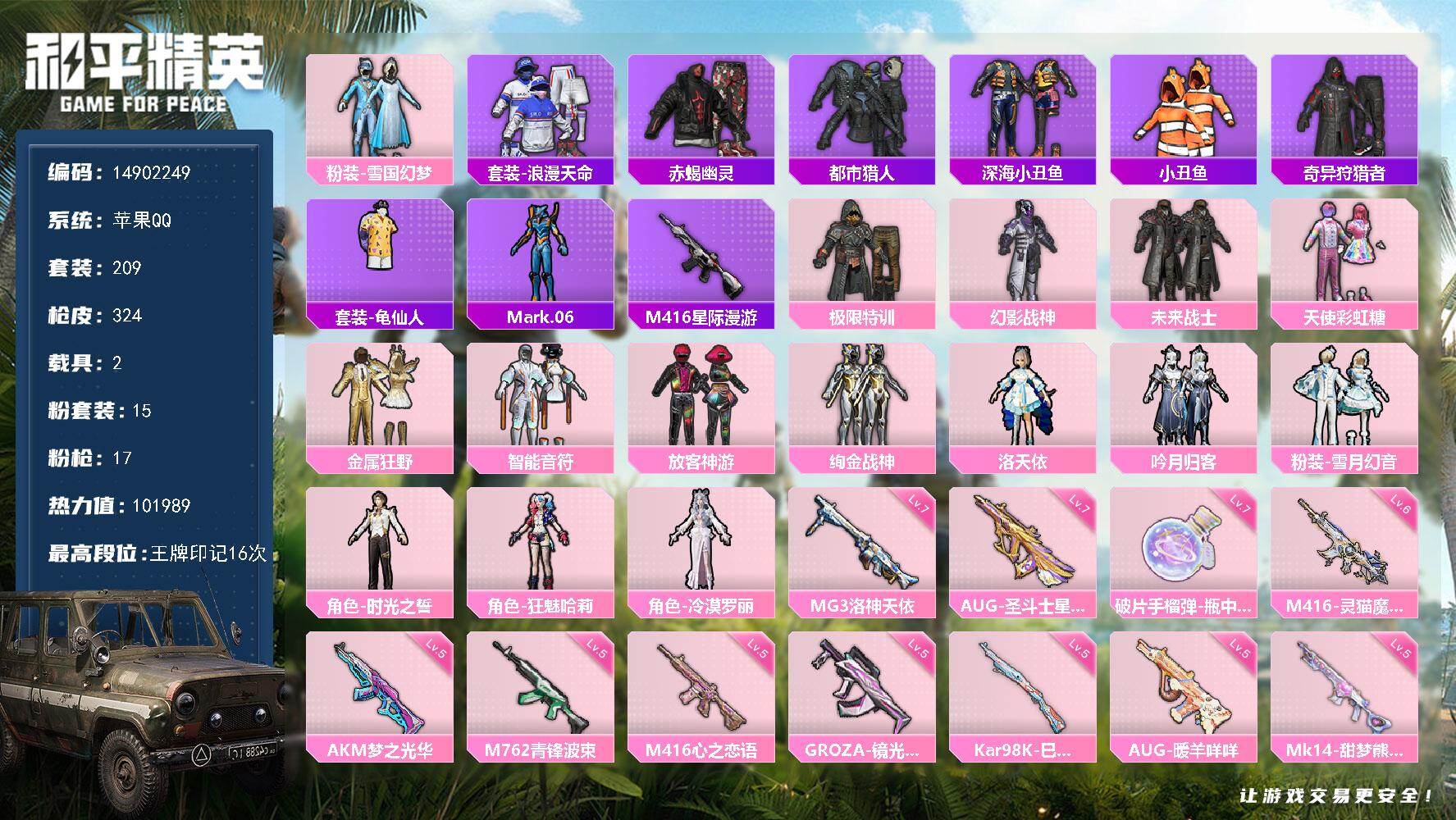 和平精英账号苹果QQ2载具-209套装-324枪皮-DAS9134 包人脸  苹果Q-6稀有2载具15粉装17特效枪17