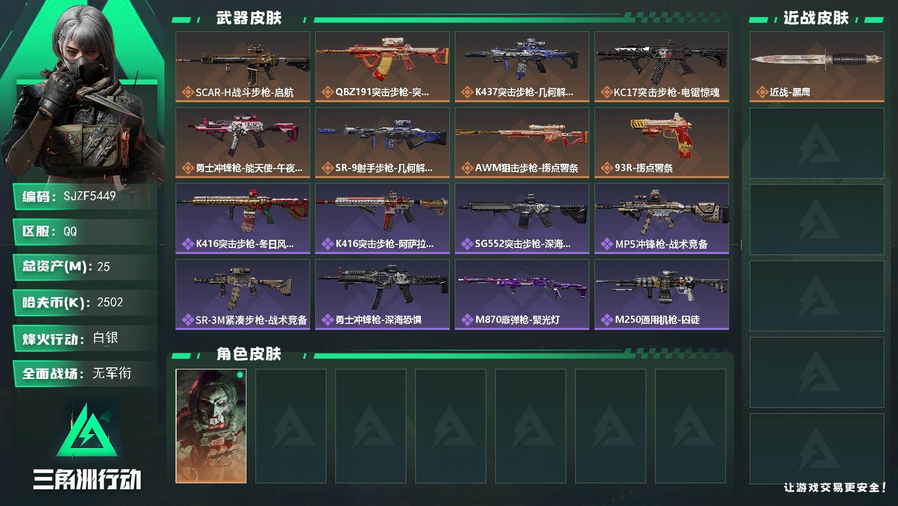三角洲行动账号QQ【SJZF5449】总资产(M)：25M/哈夫币(K)：2502K/哈夫币(K)：2502K/传说枪皮数：8/全面战场等级：1_段位：无段位/烽火地带等级：60_段位：白银/红狼-电锯惊魂/近战-黑