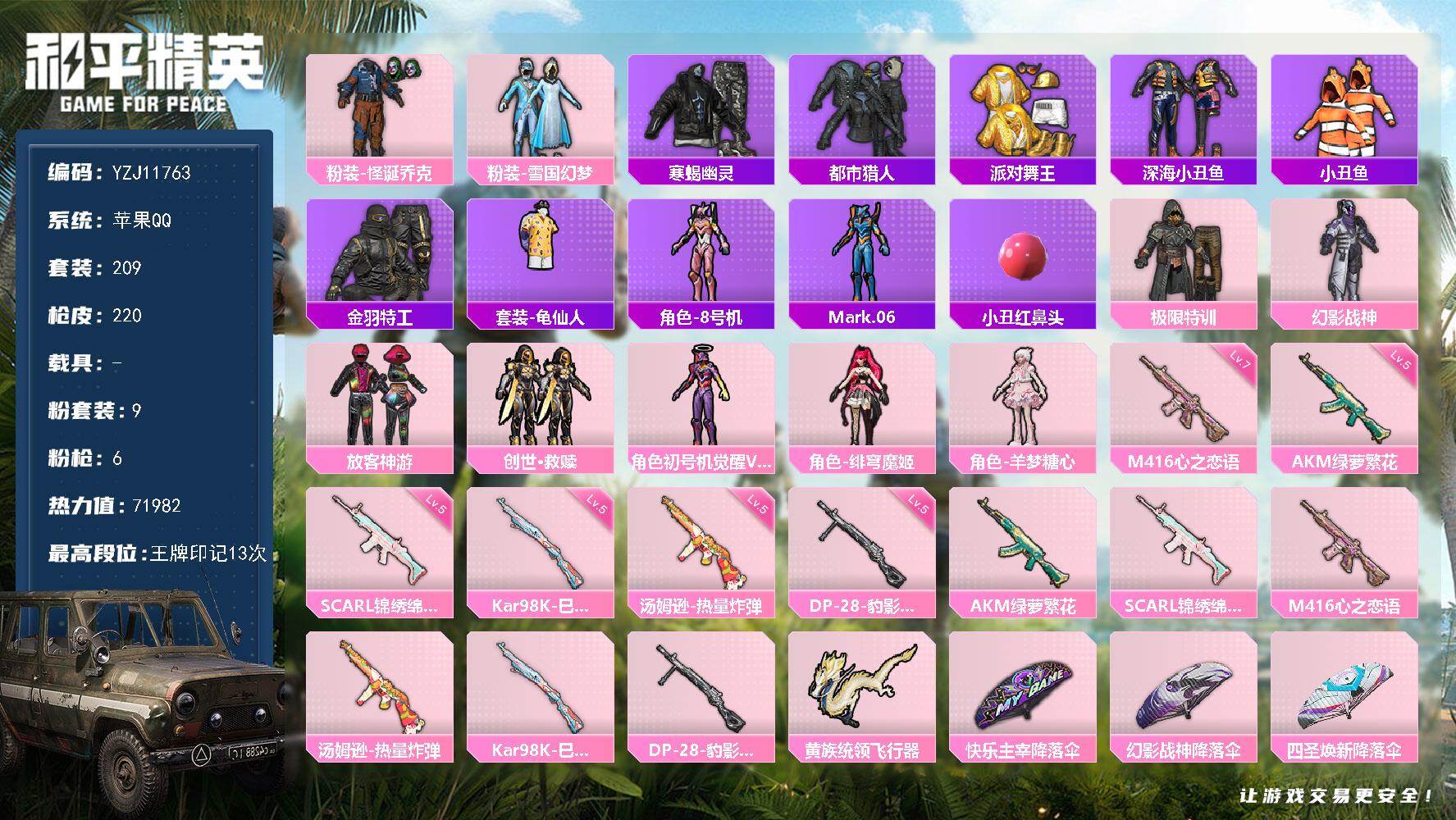 和平精英账号苹果QQ0载具-209套装-220枪皮-可二次 身法素材女号 金鞋 寒蝎 雪国 小丑 觉醒螳螂 发光眼罩  