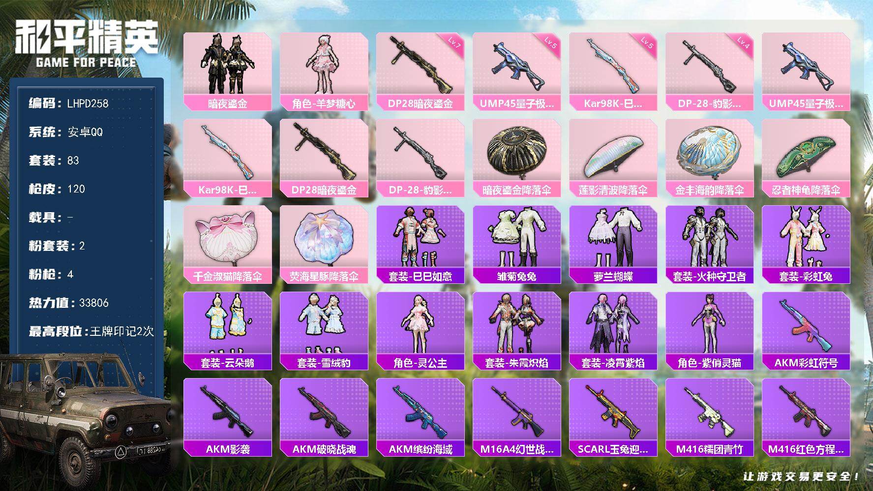和平精英账号安卓QQ【特价出售/安卓 手Q-2粉装-4特效枪-0载具-0粉色飞行器-33806热力值-2王牌印记-83套装-120枪皮【粉色套装】：粉装-暗夜鎏金，角色-羊梦糖心【粉色枪皮等级】：UMP45-量子极限(