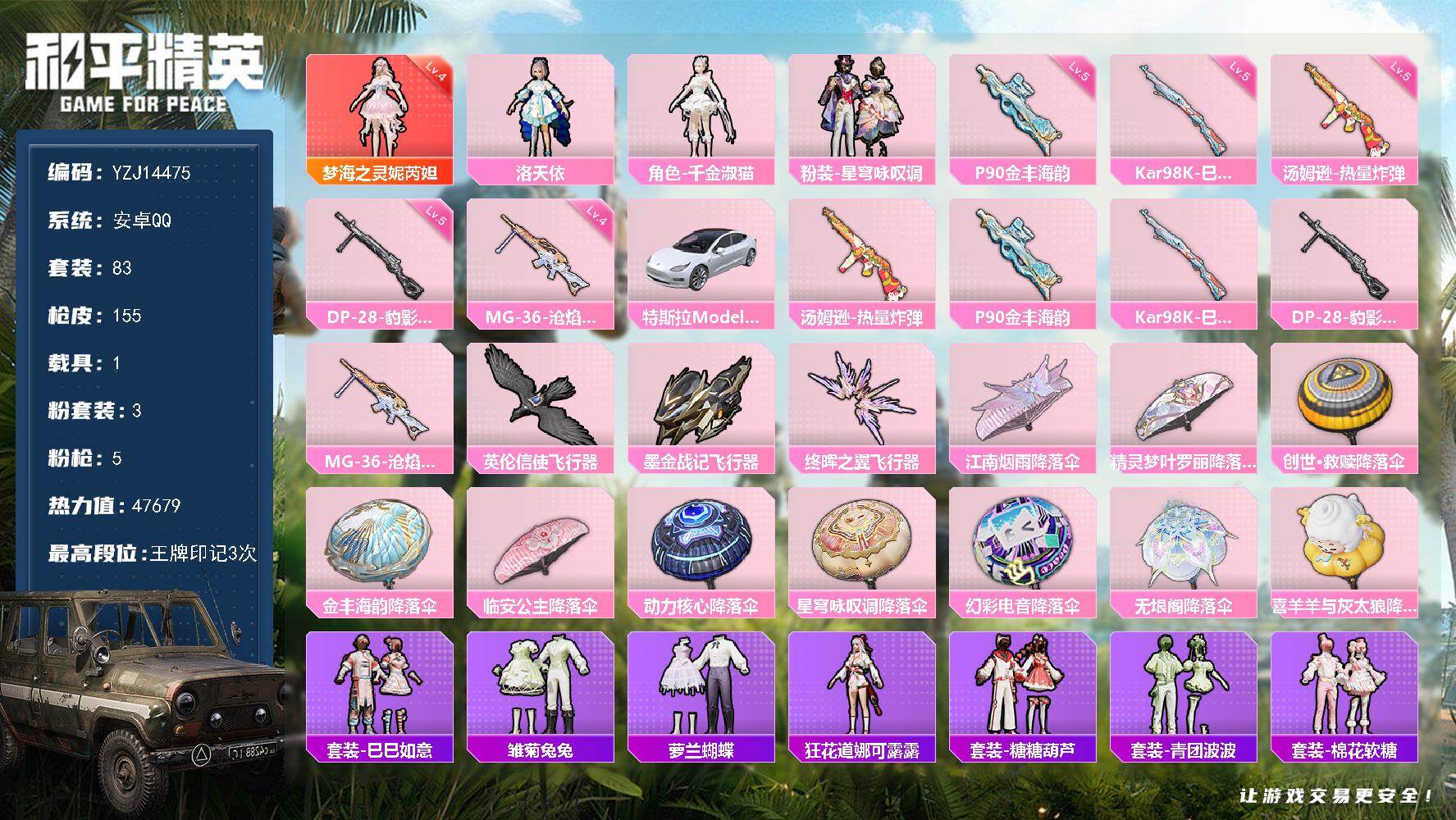 和平精英账号安卓QQYZJ14475 不可二次 安卓Q-1红装1载具3粉装5特效枪2热门【萌妹女号 妮芮妲 (4级) 千
