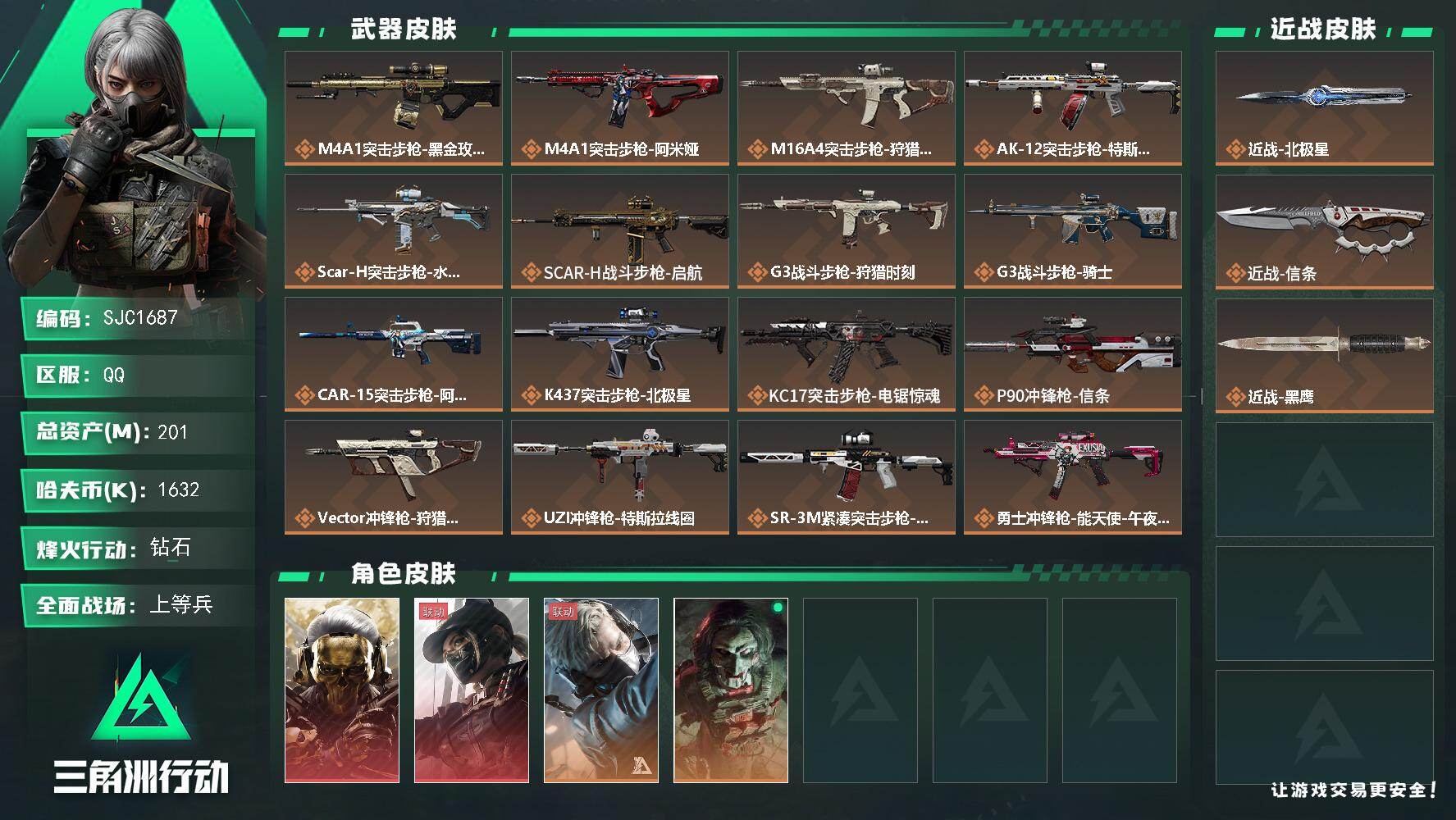 三角洲行动账号QQ【SJC1687】总资产(M)：201M/哈夫币(K)：1632K/哈夫币(K)：1632K/传说枪