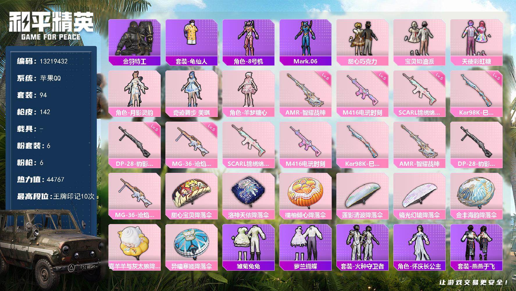 和平精英账号苹果QQ0载具-94套装-142枪皮-可二次 苹果Q-6粉装6特效枪11热门 小女号 巧克力三姐妹 美琪 蓝