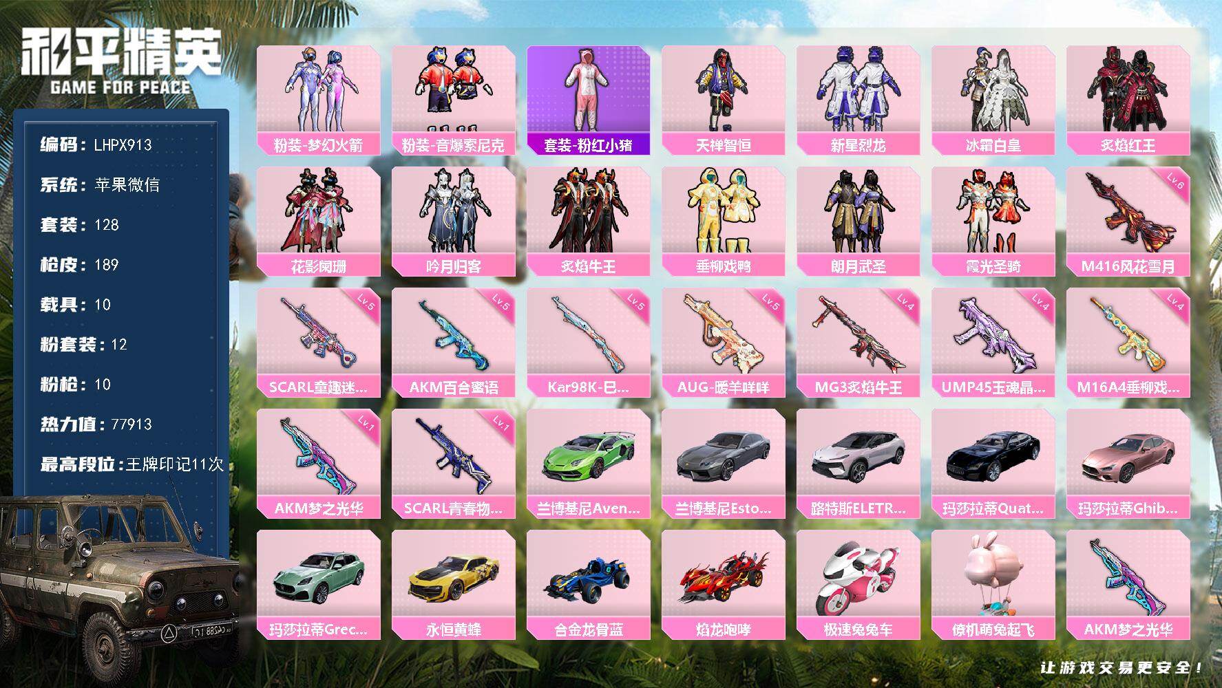 和平精英账号苹果微信10载具-128套装-189枪皮-【特价出售/店主推荐】苹果 微信-12粉装-10特效枪-10载具-