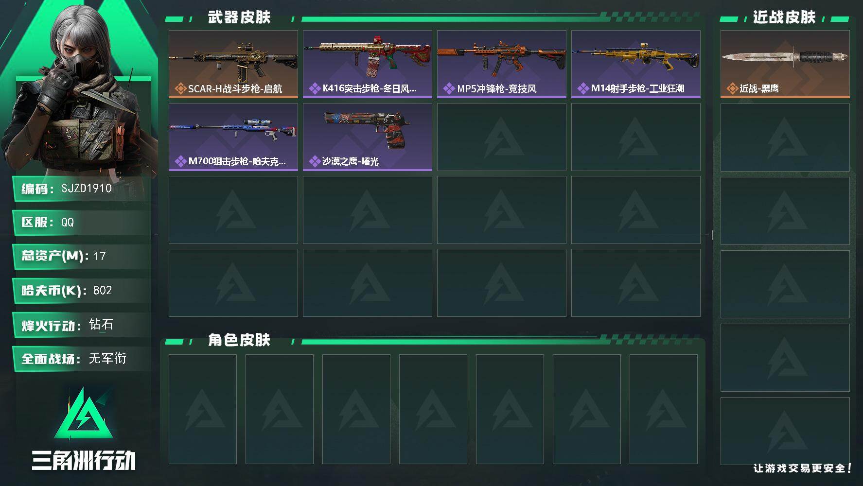 三角洲行动账号QQ【SJZD1910】总资产(M)：17M/哈夫币(K)：802K/哈夫币(K)：802K/传说枪皮数：1/全面战场等级：1_段位：无段位/烽火地带等级：60_段位：钻石/近战-黑鹰/SCAR-H战斗