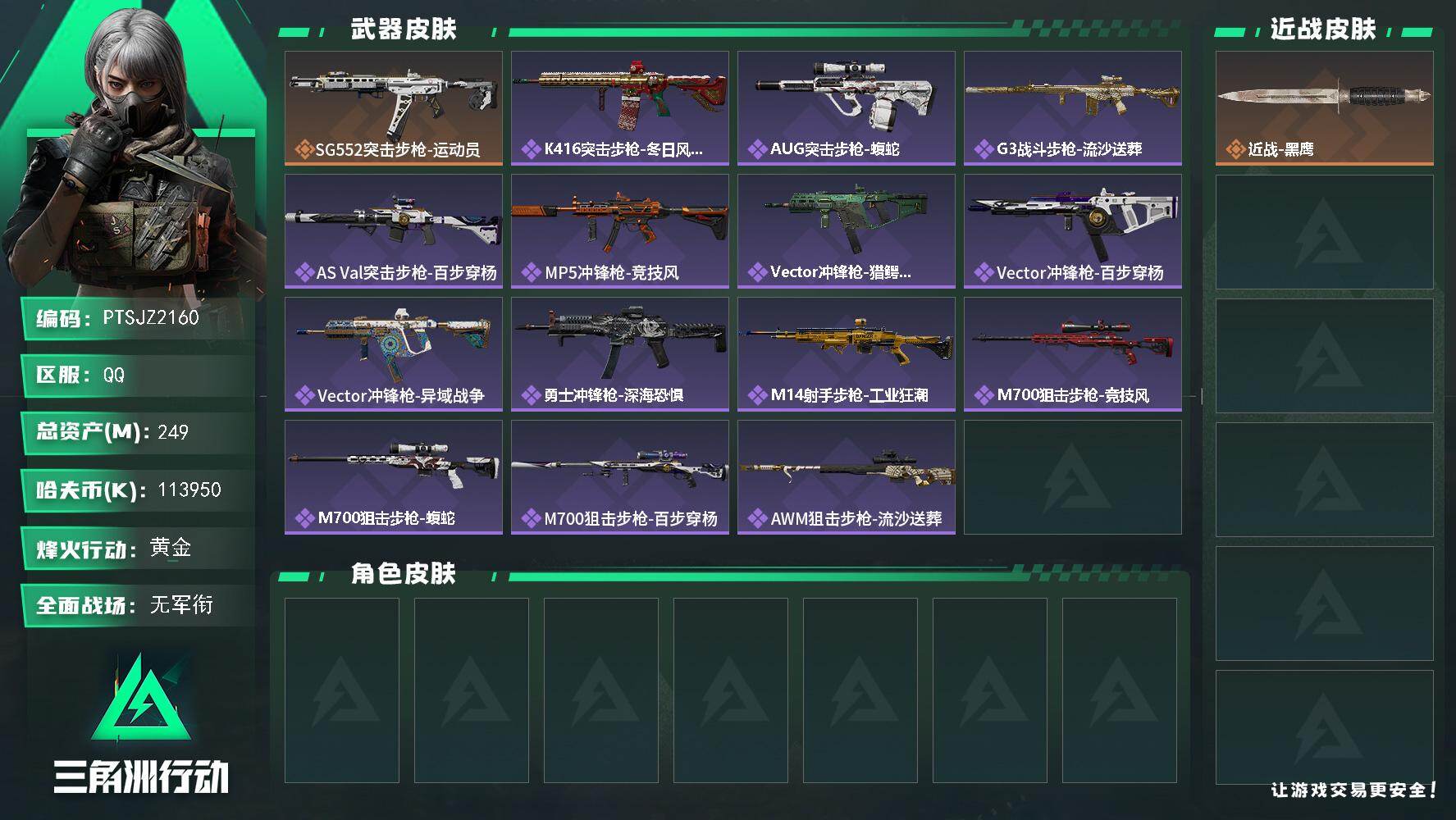 三角洲行动账号QQ【PTSJZ2160】总资产(M)：249M/哈夫币(K)：113950K/哈夫币(K)：11395