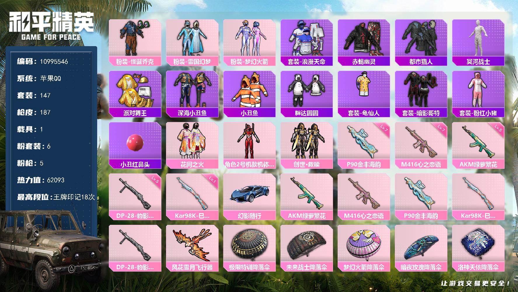 和平精英账号苹果QQ1载具-147套装-187枪皮-可二次 苹果Q-62093热力值【极品精氪男神号 主播同款追猎对掏素