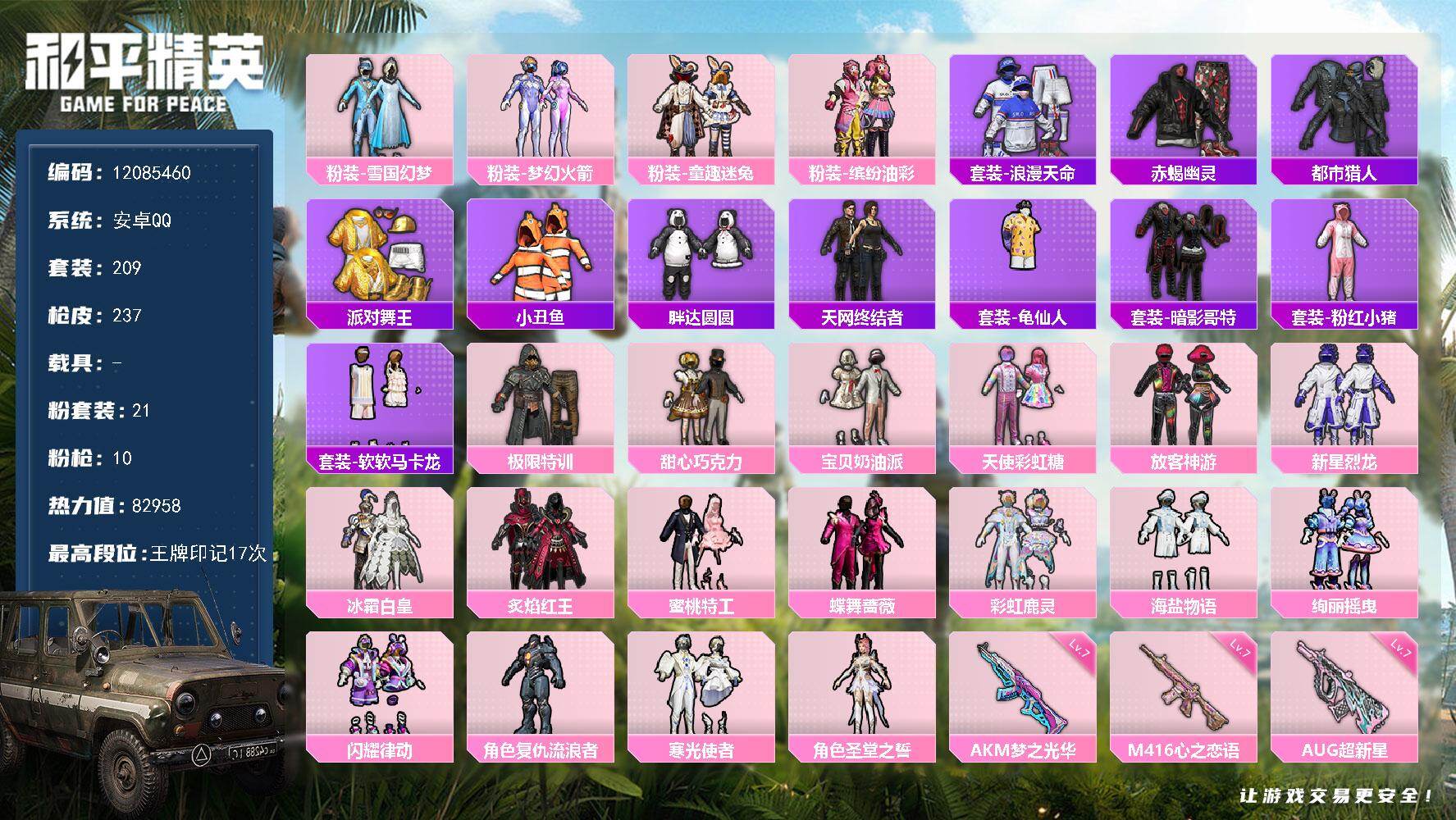 和平精英账号安卓QQ0载具-209套装-237枪皮-YZJ10794-可二次-安卓Q-6稀有21粉装9特效枪24热门20