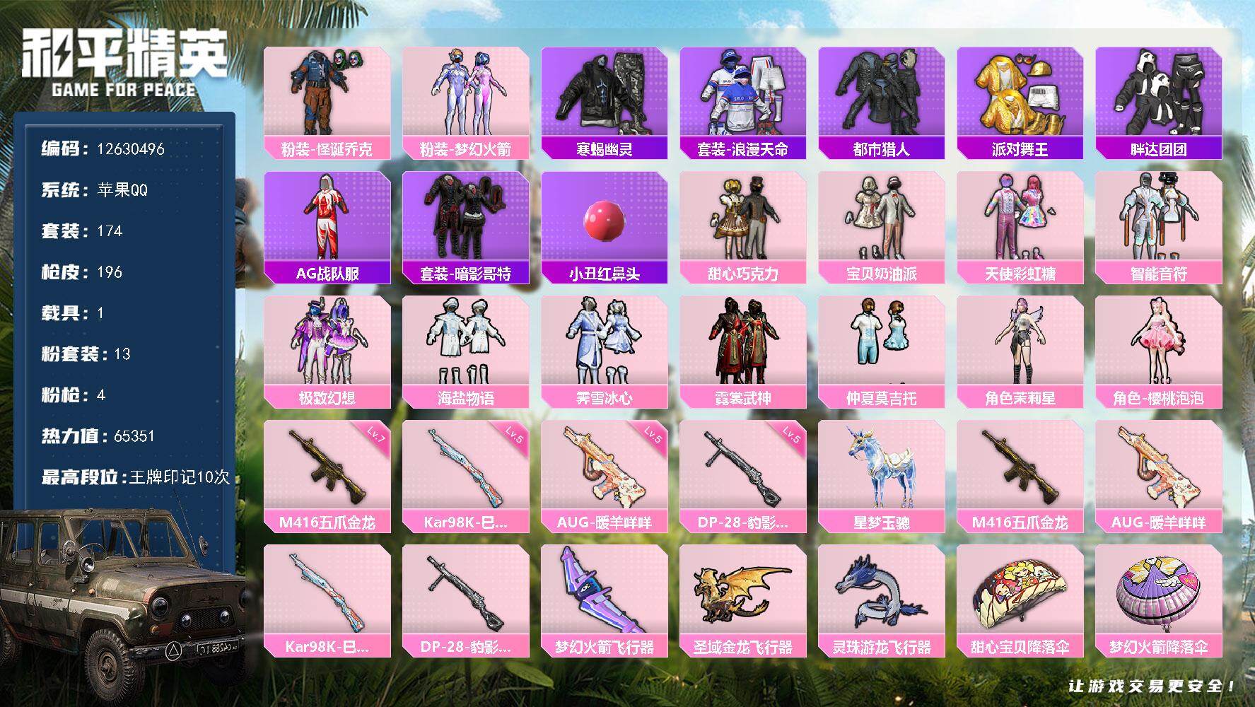 和平精英账号苹果QQ1载具-174套装-196枪皮-YZJ11075 -可二次 苹果Q-5稀有1载具13粉装4特效枪14
