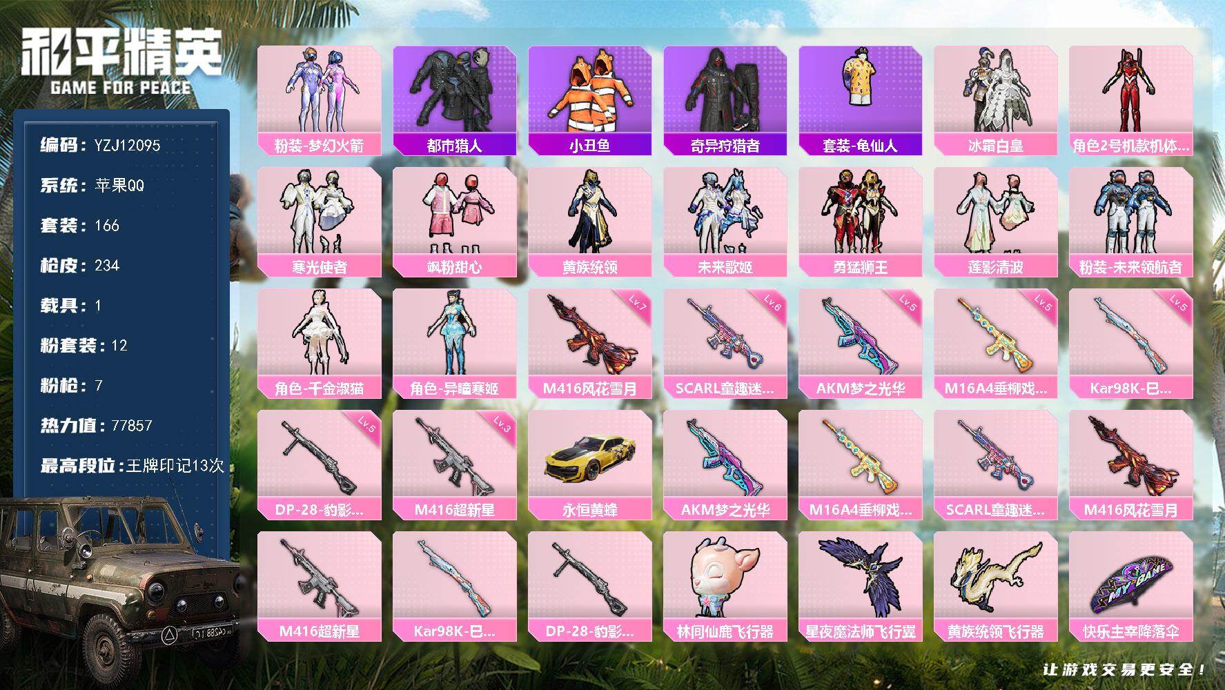 和平精英账号苹果QQ1载具-166套装-234枪皮-YZJ12095 可二次 钱包不可用 苹果Q-4稀有1载具12粉装7