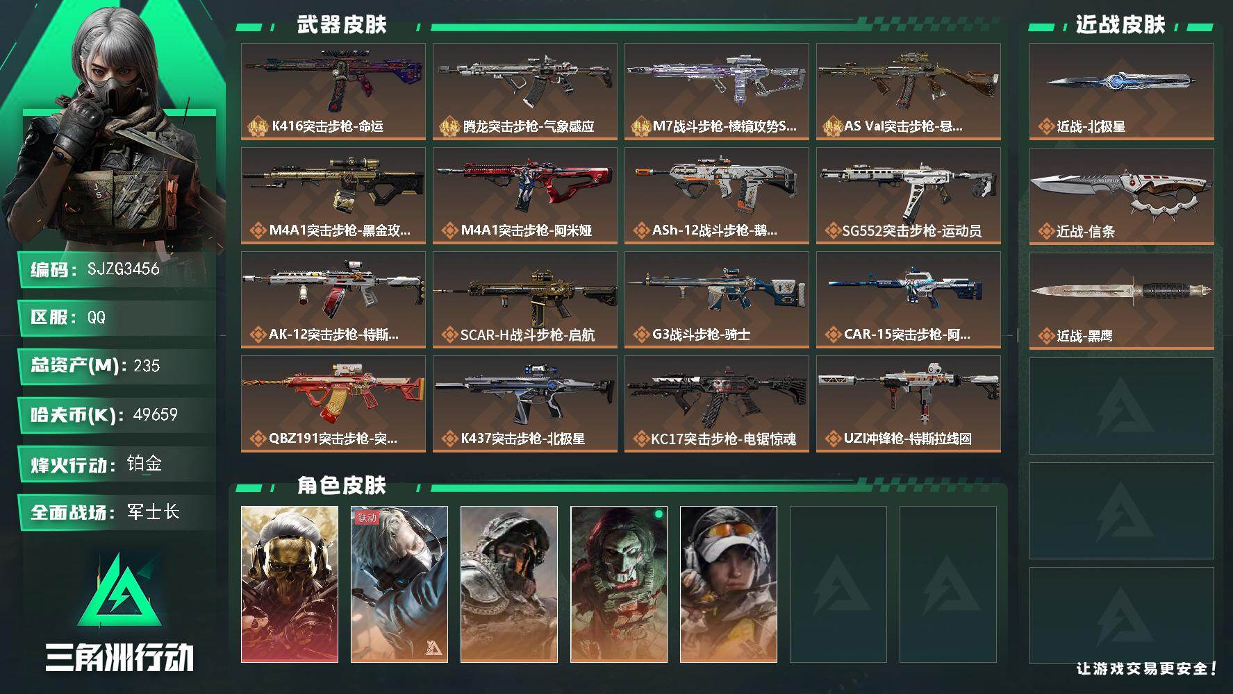 三角洲行动账号QQ【SJZG3456】总资产(M)：235M/哈夫币(K)：49659K/哈夫币(K)：49659K/传说枪皮数：28/全面战场等级：50_段位：军士长/烽火地带等级：60_段位：铂金/红狼-蚀金玫瑰