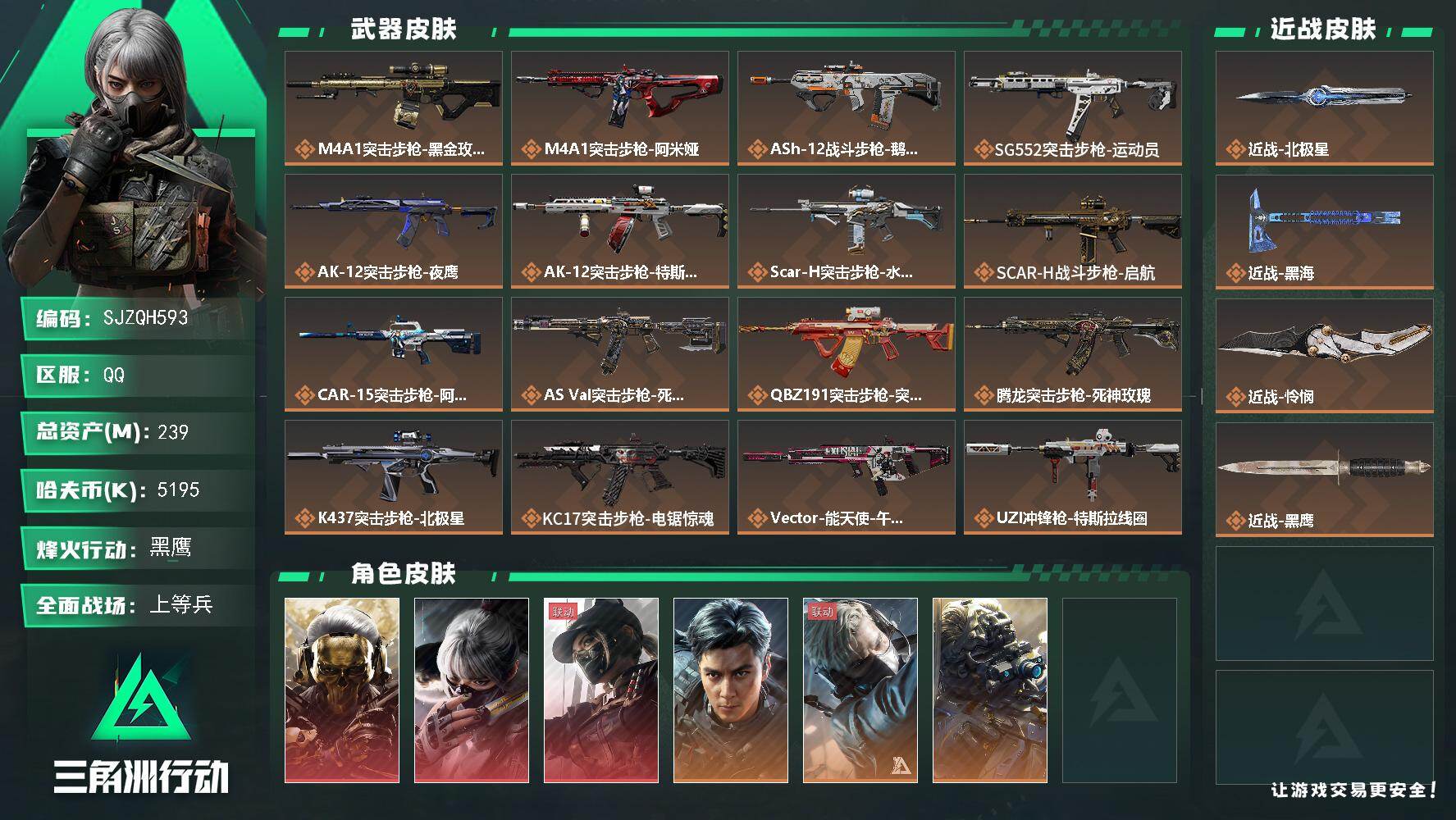 三角洲行动账号QQ【SJZQH593】总资产(M)：239M/哈夫币(K)：5195K/哈夫币(K)：5195K/传说枪皮数：33/全面战场等级：34_段位：上等兵/烽火地带等级：60_段位：黑鹰/红狼-蚀金玫瑰/骇