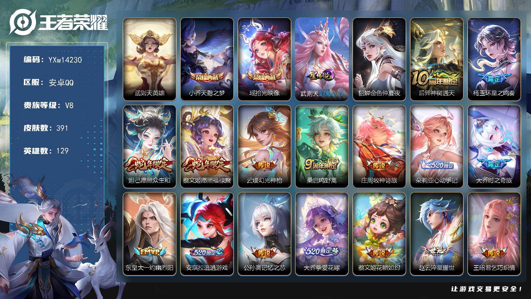 王者荣耀账号安卓QQ129英雄-391皮肤-【精品女号·全皮朵利亚·全皮少司缘·天鹅之梦·拾光映像·金色仲夏夜·挚爱童话