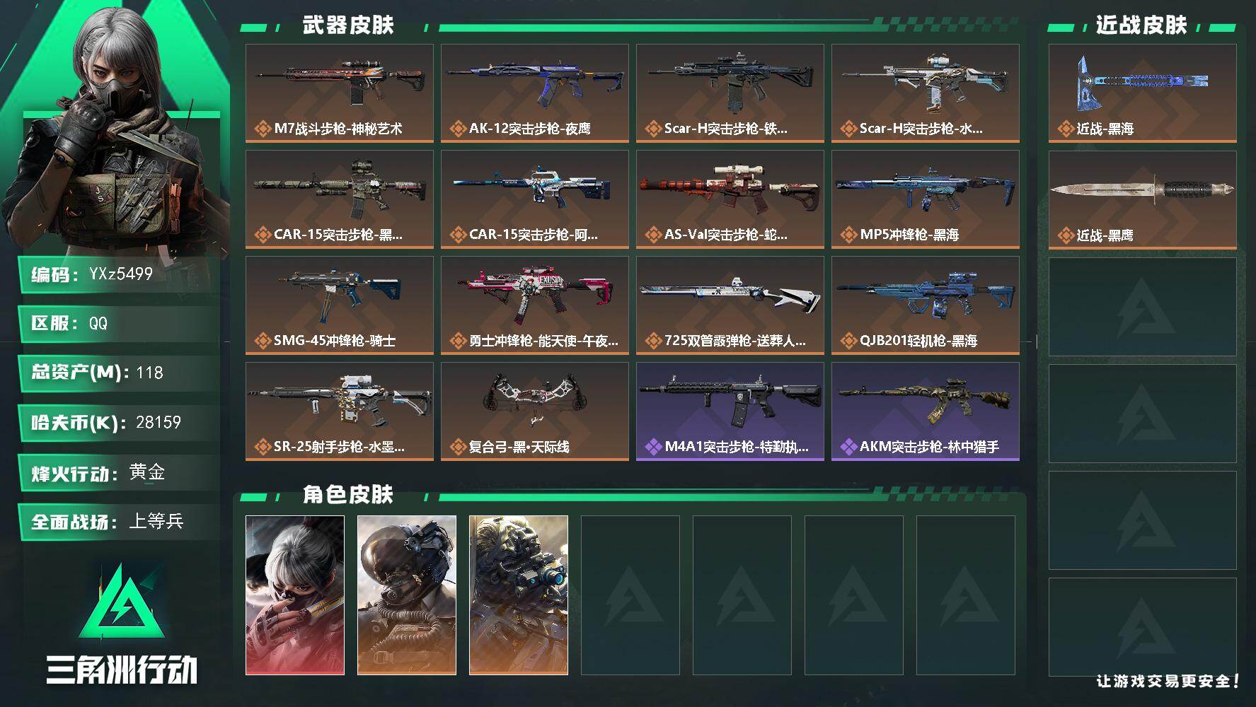 三角洲行动账号QQ【Q区三端互通】【可二次】YXz5499-特勤处：仓库7级/靶场5级/训练中心6级-总资产118.5