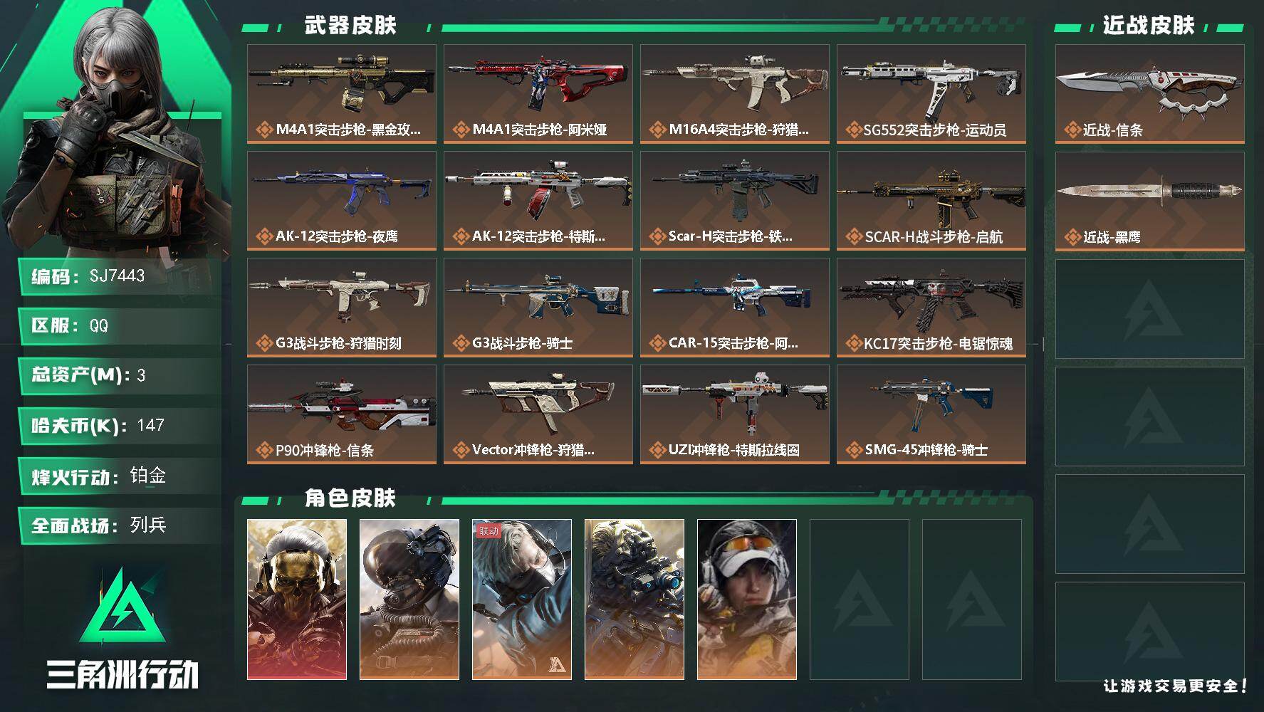 三角洲行动账号QQ【SJ7443】总资产(M)：3M/哈夫币(K)：147K/哈夫币(K)：147K/传说枪皮数：23/全面战场等级：28_段位：列兵/烽火地带等级：60_段位：铂金/红狼-蚀金玫瑰/威龙-壮志凌云/