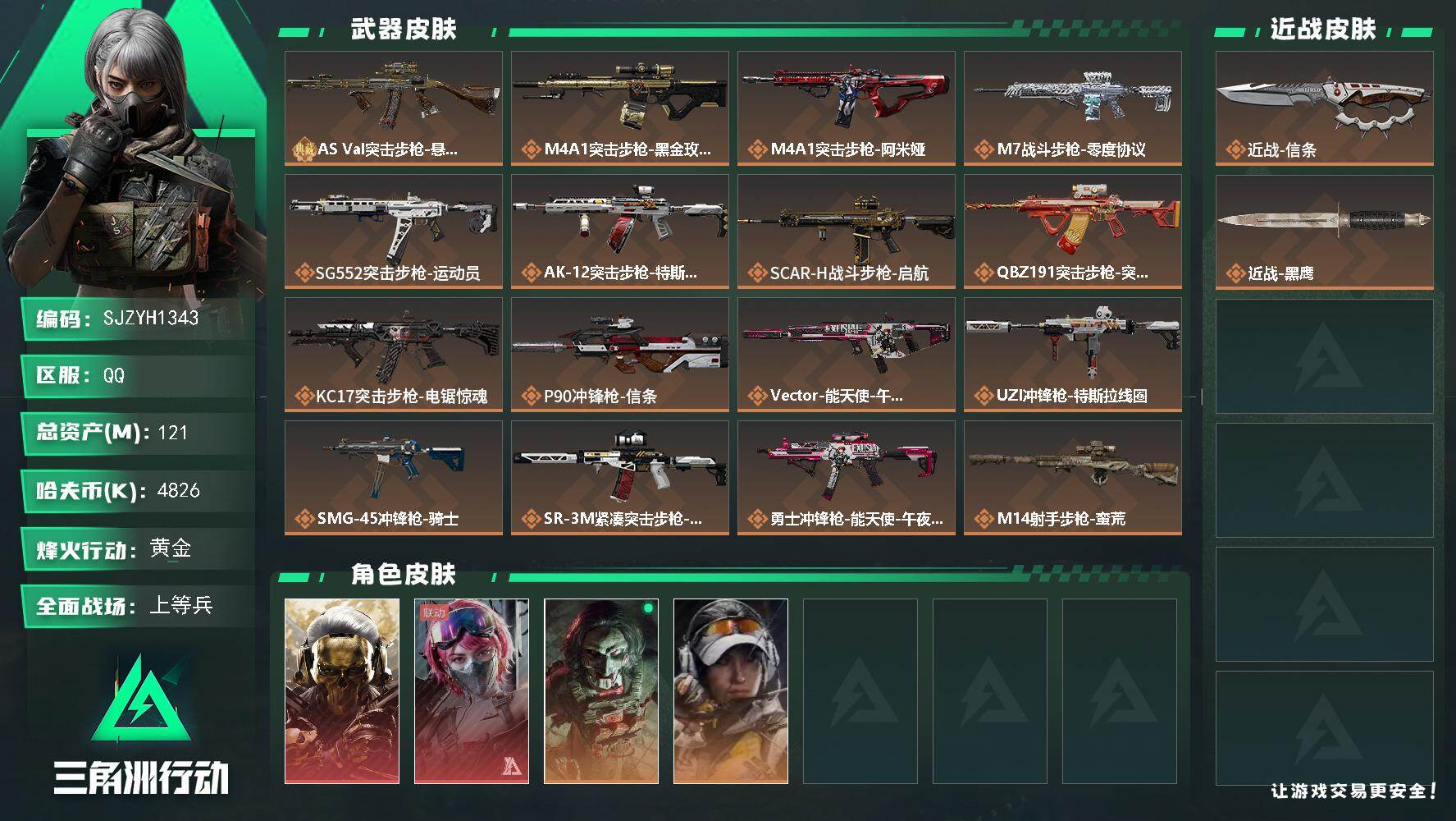 三角洲行动账号QQ【SJZYH1343】总资产(M)：121M/哈夫币(K)：4826K/哈夫币(K)：4826K/传