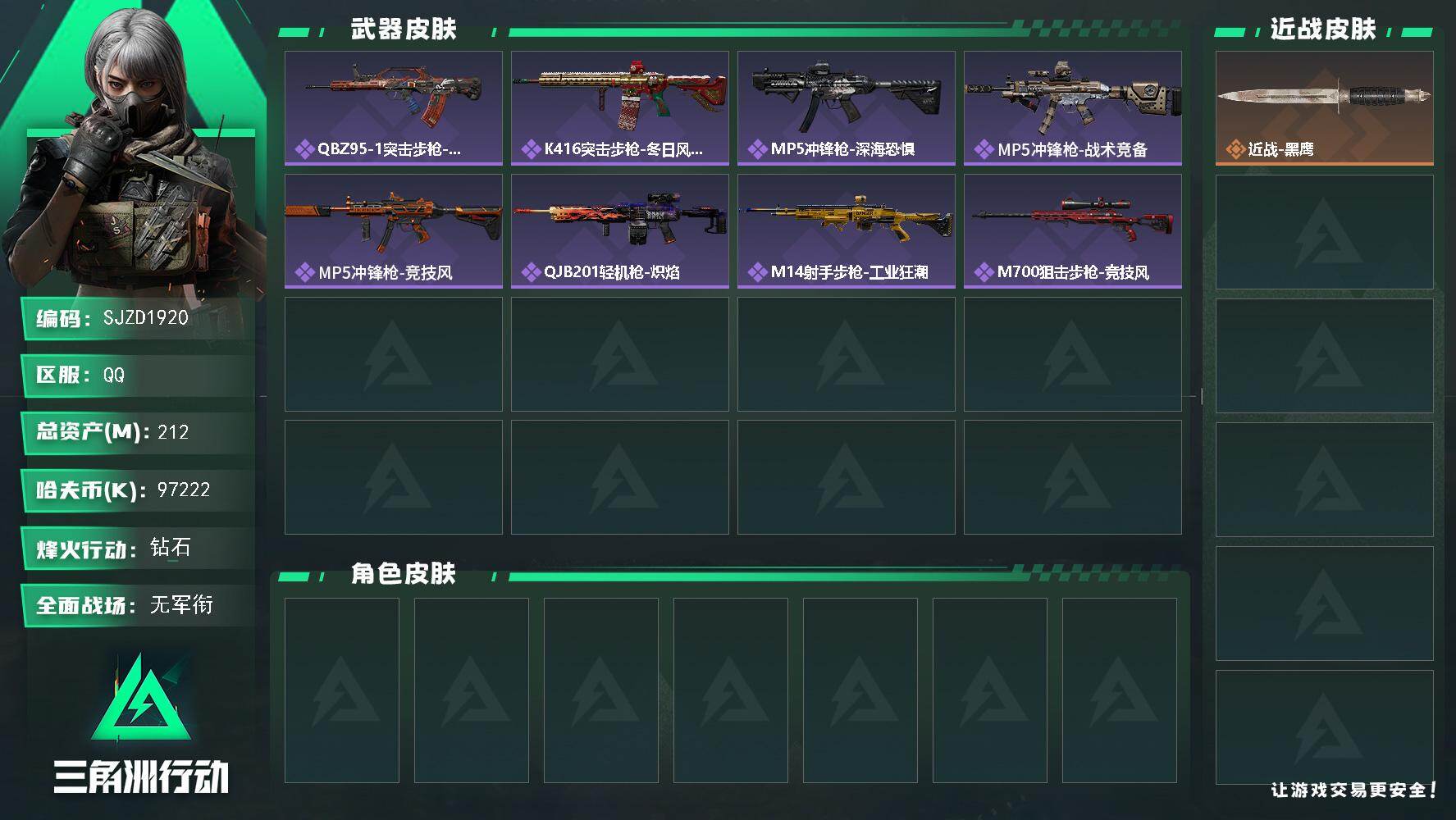 三角洲行动账号QQ【SJZD1920】总资产(M)：212M/哈夫币(K)：97222K/哈夫币(K)：97222K/