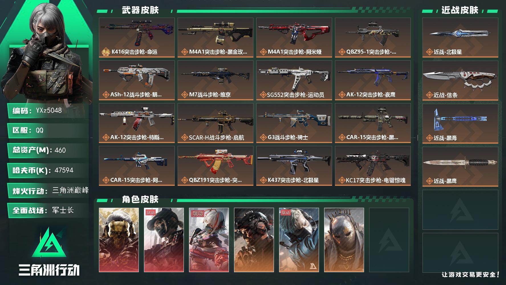 三角洲行动账号QQ【高氪金土豪号-三红皮+三刀皮+一典藏皮肤+铁面判官】【黑海.北极星.信条.蚀金玫瑰.黑天际线.维什