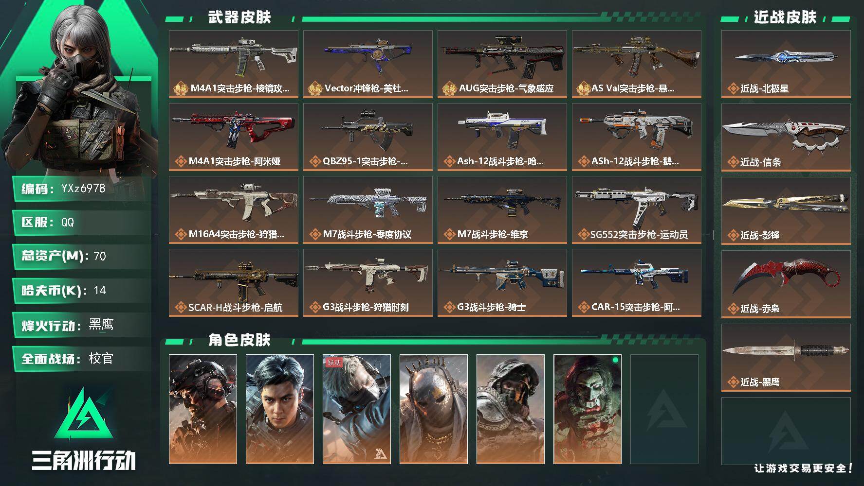 三角洲行动账号QQ【热门皮肤号：铁面判官+飞虎+四刀皮+四典藏】【赤枭.影锋.北极星.信条】【M4A1突击步枪-棱镜攻