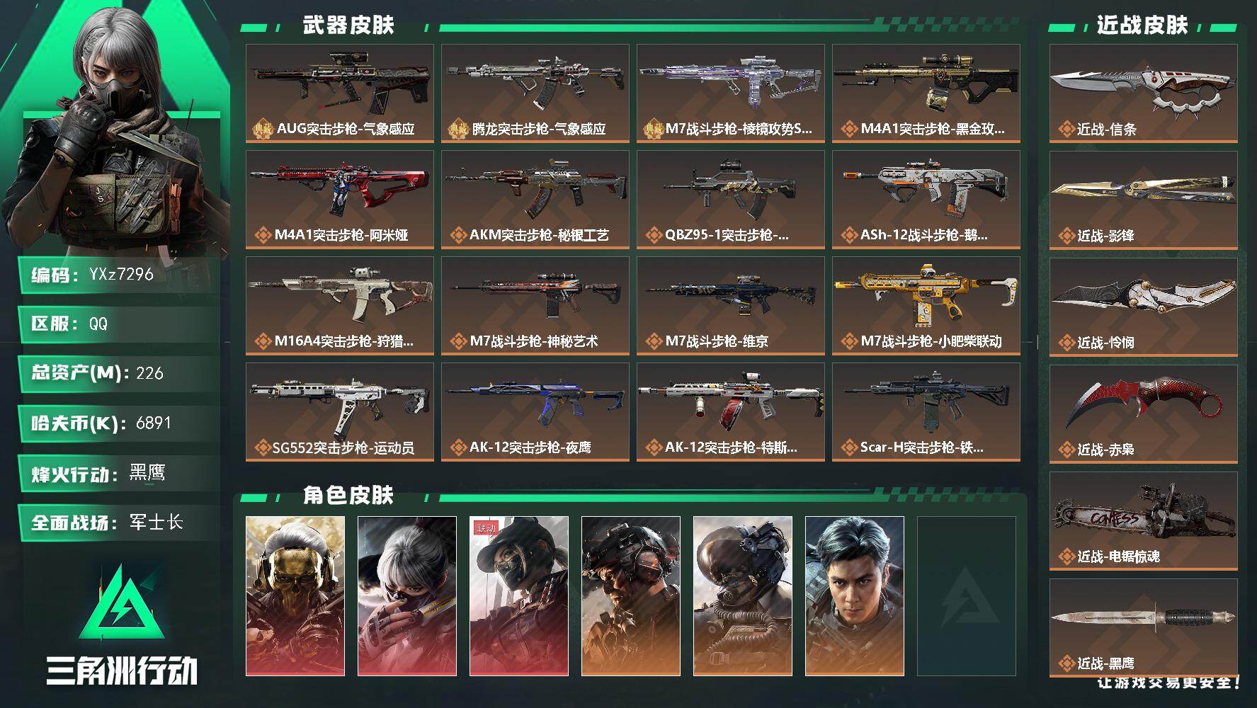 三角洲行动账号QQ【高氪金土豪号-三红皮+五刀皮+三典藏皮肤+铁面判官+飞虎】【赤枭.怜悯.影锋.电锯.信条.蚀金.水