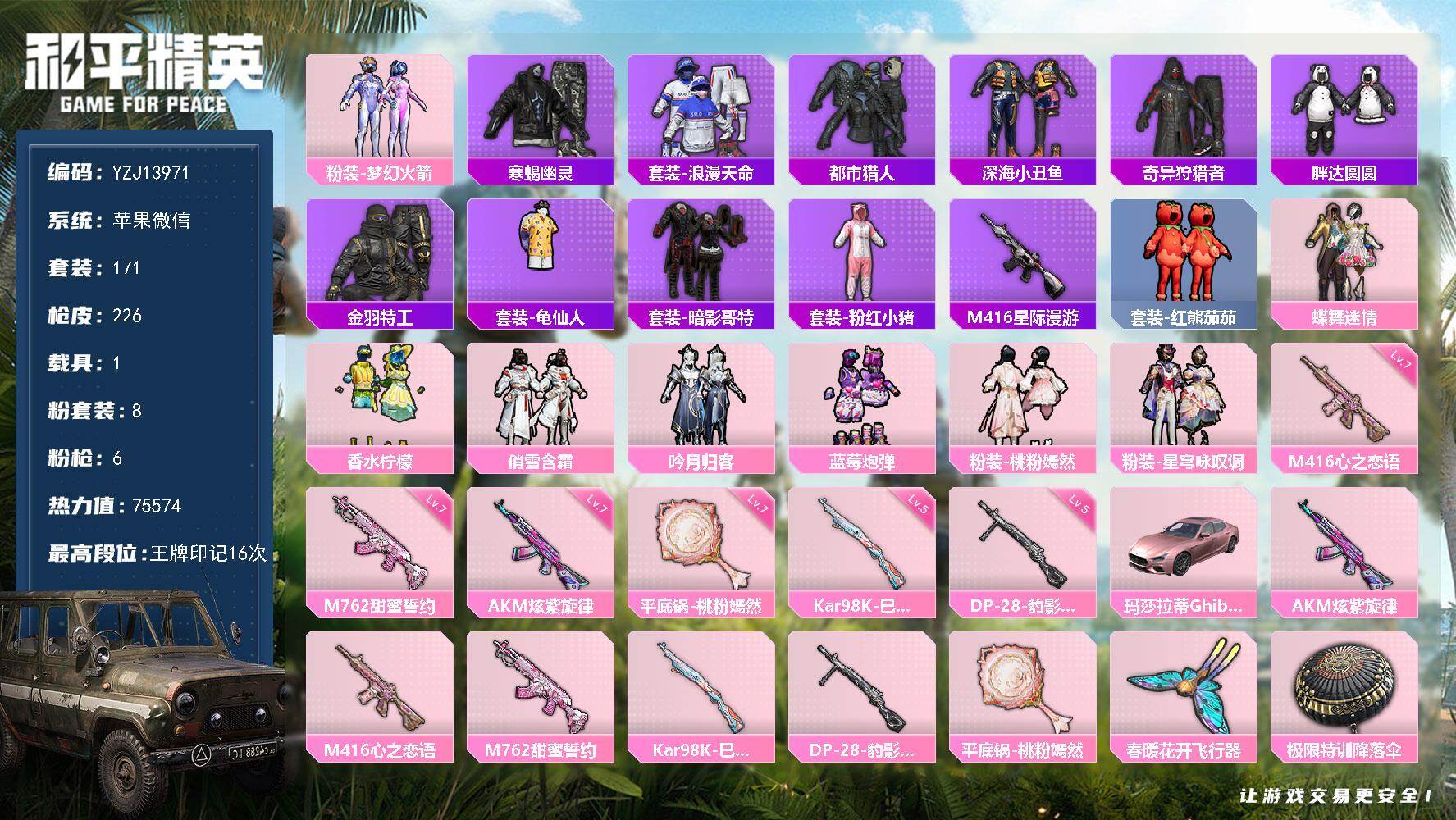 和平精英账号苹果微信1载具-171套装-226枪皮-YZJ13971-可二次-苹果V-6稀有1载具8粉装6特效枪21热门
