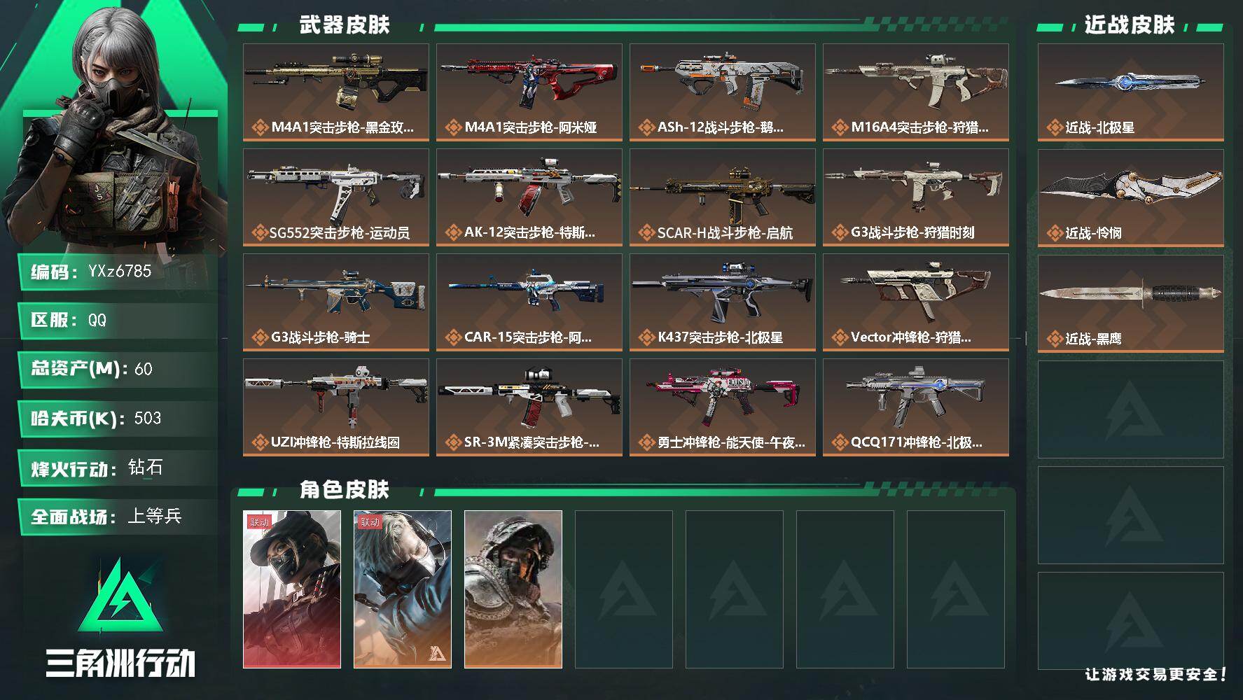 三角洲行动账号QQ【热门皮肤号：单红+双刀-黑天际线+北极星+怜悯】【Q区三端互通】【无二次】YXz6785-特勤处：