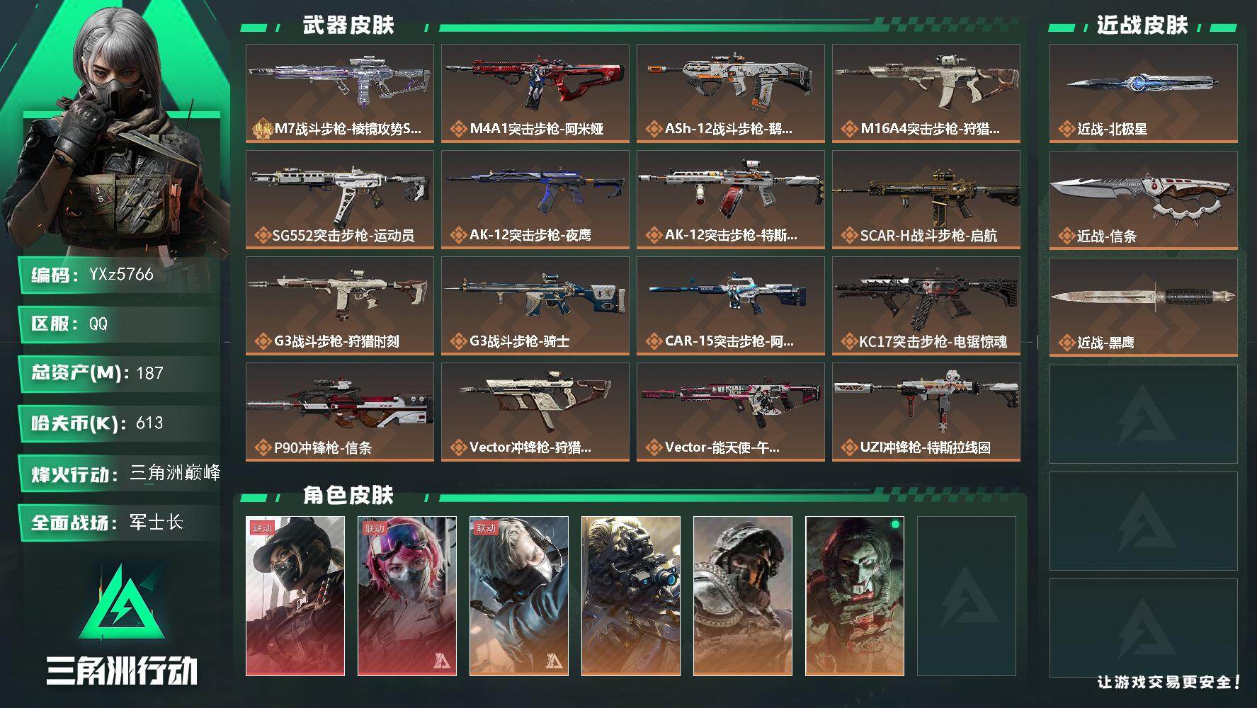 三角洲行动账号QQ【热门皮肤号：双红+双刀+一典藏-黑天际线+蛊能天使+北极星+信条】【M7战斗步枪-棱镜攻势S2优品