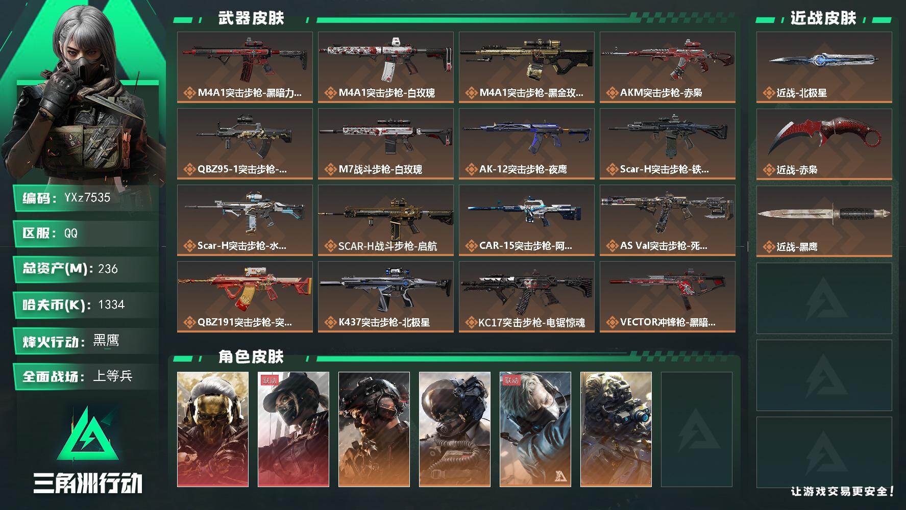 三角洲行动账号QQ【热门皮肤号-高额资产236M-高特勤号：双刀+双红+铁面判官，赤枭+北极星+蚀金玫瑰+黑天际线+铁