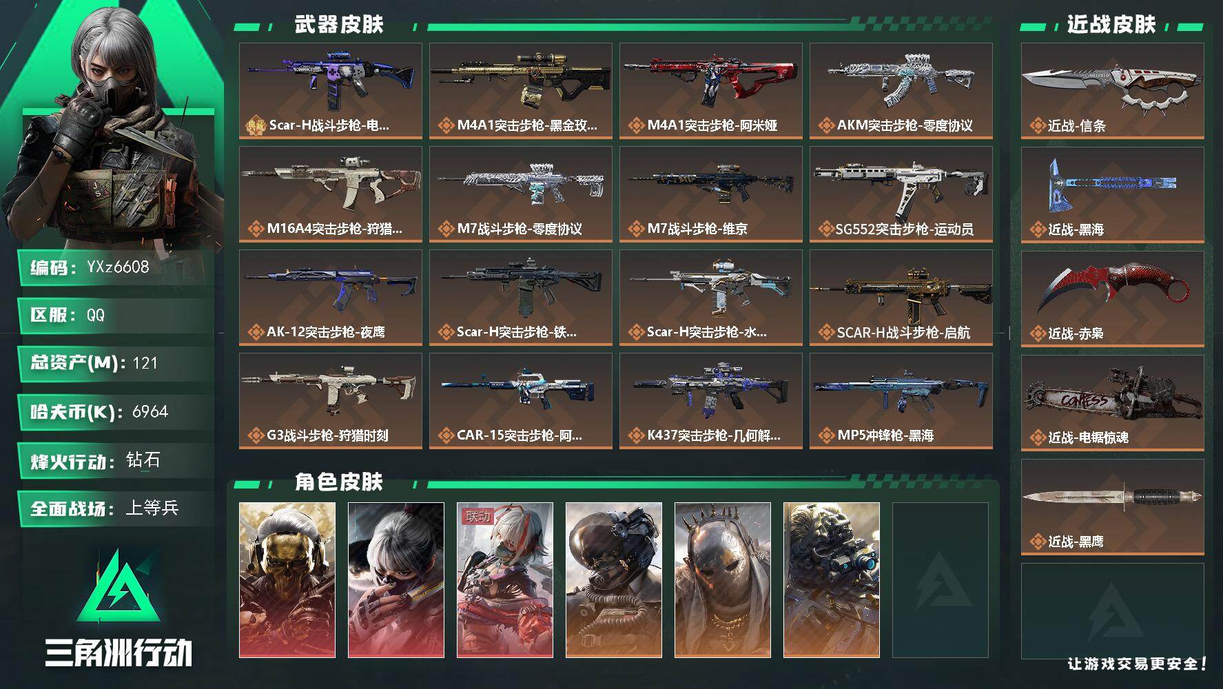 三角洲行动账号QQ【号上4900三角券】【高氪金土豪号-三红皮+四刀皮+一典藏皮肤】【信条.赤枭.黑海.电锯.蚀金玫瑰