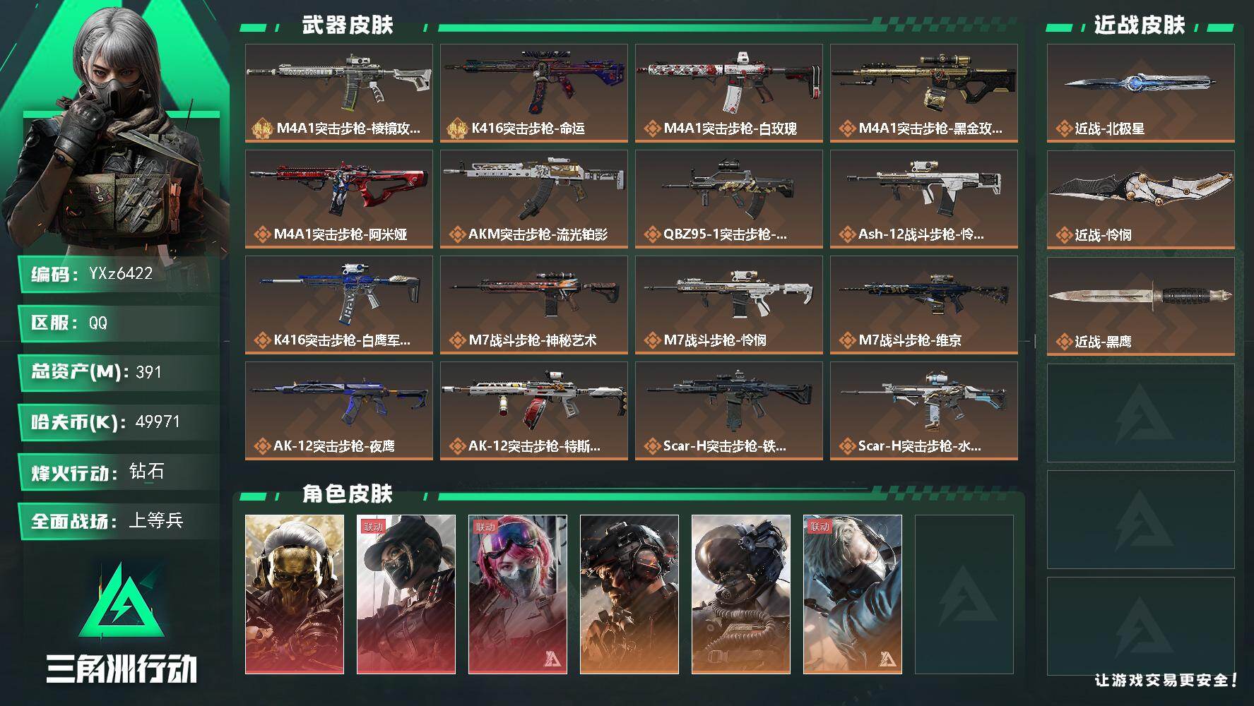 三角洲行动账号QQ【高氪金土豪号-三红皮+双刀皮+二典藏皮肤+铁面判官】【北极星.怜悯.蚀金玫瑰.能天使.黑天际线】【