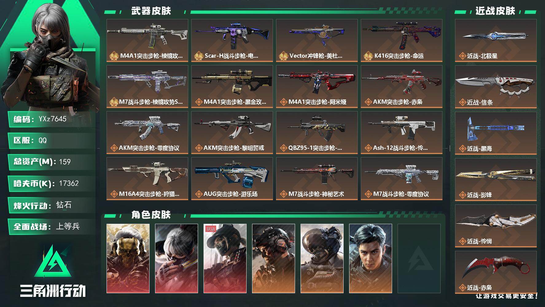 三角洲行动账号QQ【高氪金土豪号-三红皮+六刀皮+五典藏皮肤+铁面判官+飞虎】【Q区三端互通】【无二次协助处理】YXz