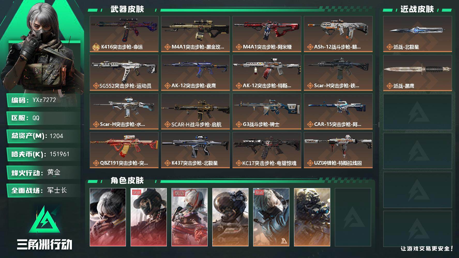 三角洲行动账号QQ【 高额资产1.2B-热门红皮号-热门北极星号-高特勤：三红+北极星，水墨云图+黑天际线+维什戴尔，